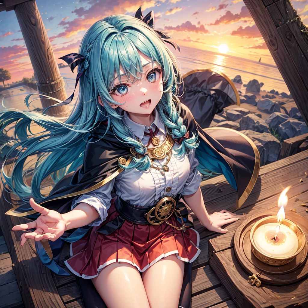 Aqua blue hair、Golden Eyes、Braiding、One beautiful girl、alone、anime、Checked mini skirt、Ruffles on skirts、Red T-shirt、Cape、Gothic、Black knee-high socks、bandana、Fluffy clothes、Wear a ribbon、Ribbon on waist、Tilt your face、Teeth are visible、Sunset sky、break through the clouds、Contrail、lotus leaves、Cumulonimbus、Pillar of Light、Candle fire、Silver coin necklace、A world of light、sit on a high wall、Put your hands together、From the sky、From above