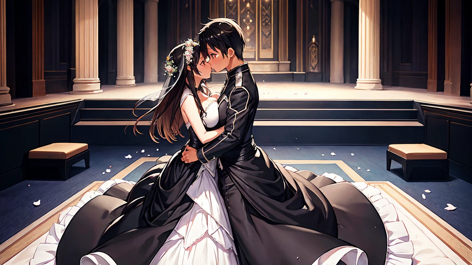 Kirito and Asuna black Wedding dress Two people standing in the wedding hall kissing each other Super huge big breasts breast enlargement illustration, ultra-detailed, HDR, vibrant colrs, soft lighting official art
