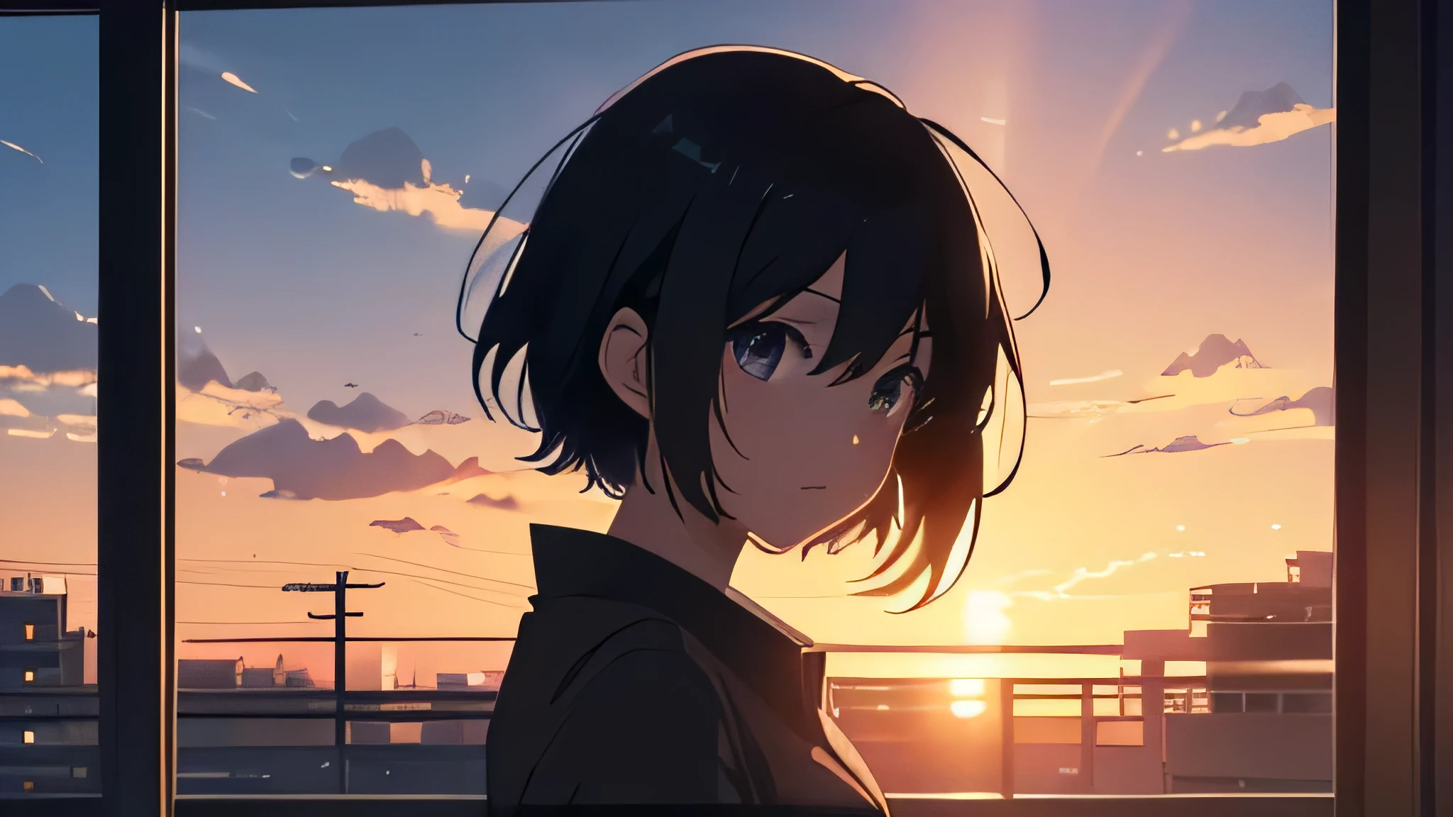 anime girl ,short hair, black hair, window, sunset, a picture by Makoto Shinkai, trending on pixiv, serial art, 4k anime wallpaper, anime. soft lighting, anime art wallpaper 8 k, anime wallpaper 4 k, anime wallpaper 4k, anime art wallpaper 4 k, anime art wallpaper 4k, anime style 4 k, 4 k manga wallpaper