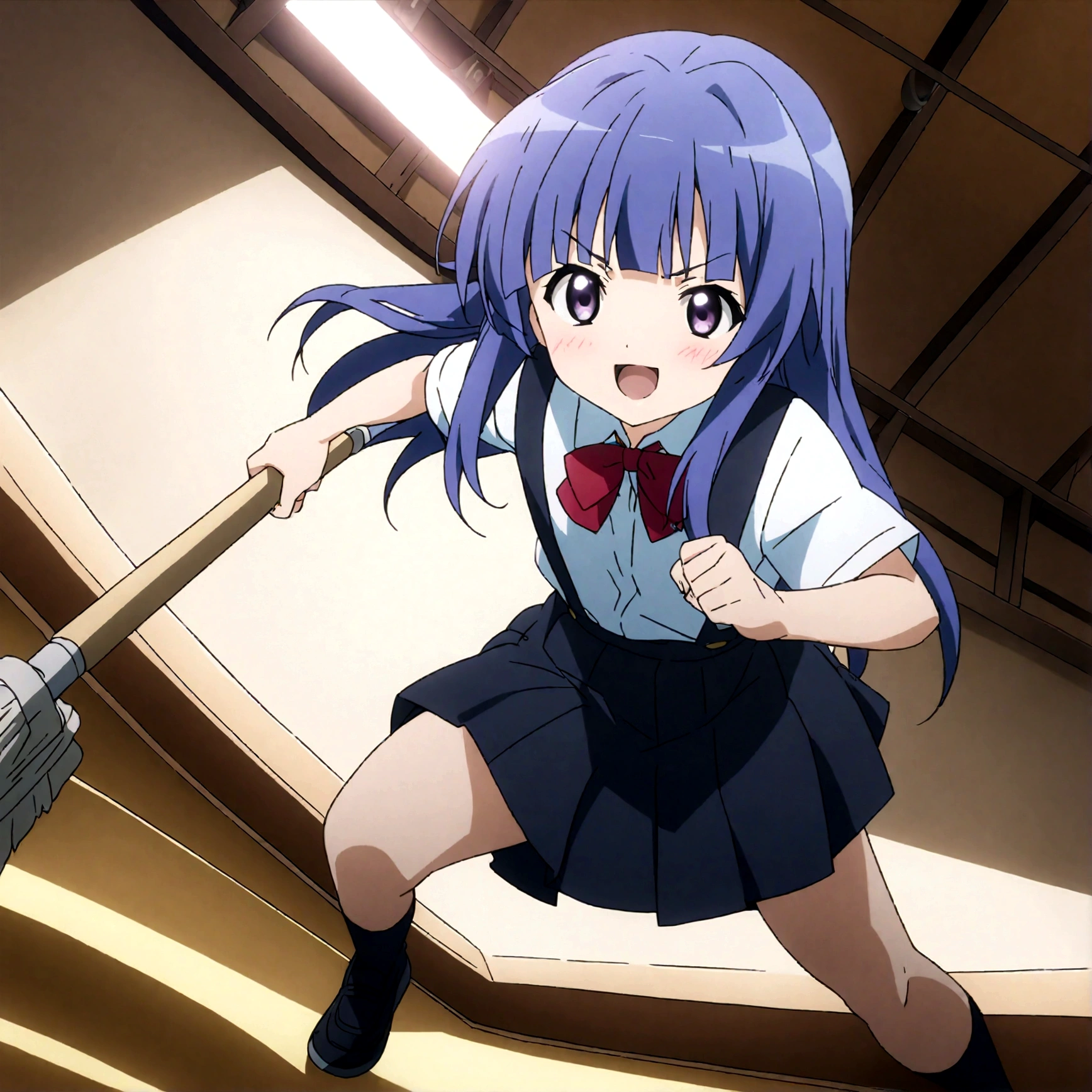 score_9,score_8, score_8_up, BREAK 1girl, solo, furude rika, (tween), kawaii, blue hair, purple eyes, long hair, blunt bangs, bangs,, bow, skirt, shirt, suspenders, smile, short sleeves, pleated skirt, white shirt, open mouth, :d, red bow, facing viewer,^_^, suspender skirt, , black skirt, collared shirt, blush, bowtie, blunt bangs, dress shirt,masterpiece, best quality, source_anime,ceiling, ceiling light, great lighting, detailed shadows, detailed body, anime artwork,anime style, key visual, vibrant, studio anime, highly detailed, anime coloring,,battle stance,fullbody,spread leg,holding mop,battoujutsu,motion blur,motion lines,dynamic angle,simple background, white background.