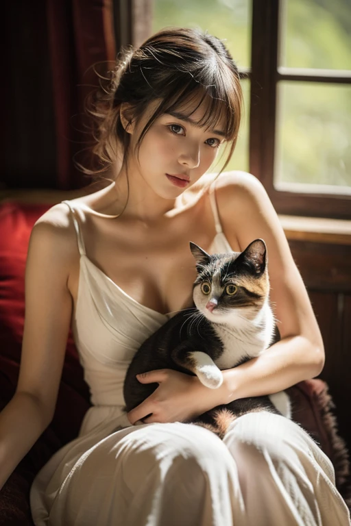 She is holding a small calico cat on her lap, cat and girl eye contact, (masterpiece, highest quality, Very detailed, Ultra-high resolution, (photopractical:1.4), Original photo, (practical:0.2), 8K HDR,)、dark room,  1 candle lighting 