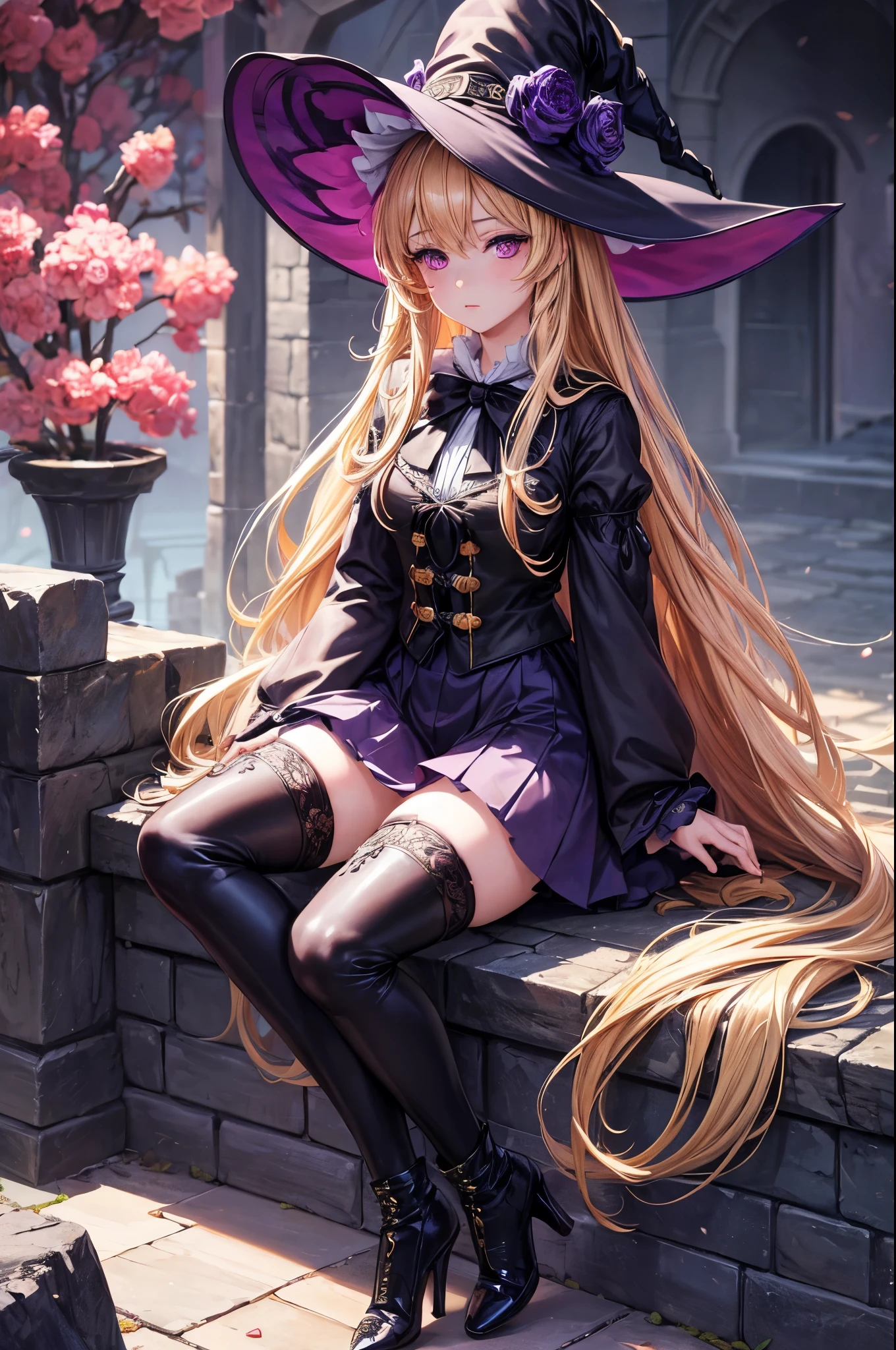 ((highly detailed)), masterpiece, absurdres, (detailed eyes, deep eyes), (1girl), 8K, anime girl with long blonde fluffy hair, pink eyes, witch, magician, sorcerer, black outfit, skirt, puffy shirt, big witch hat, purple stockings, black boots, heels