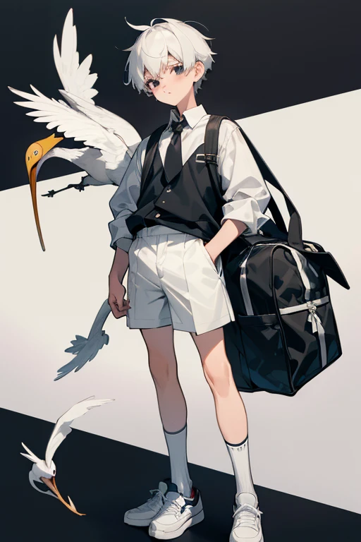 12 year old boy, white hair, black eyes, full body, schoolboy uniform, schoolboy cap, schoolboy shorts, Schoolboy bag, schoolboy shoes, schoolboy socks, schoolboy tie, baby cloth, stork diaper, babysitter,