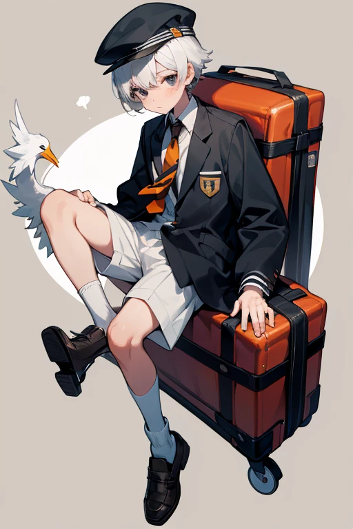12 year old boy, white hair, black eyes, full body, schoolboy uniform, schoolboy cap, schoolboy shorts, Schoolboy bag, schoolboy shoes, schoolboy socks, schoolboy tie, baby cloth, stork diaper, babysitter,