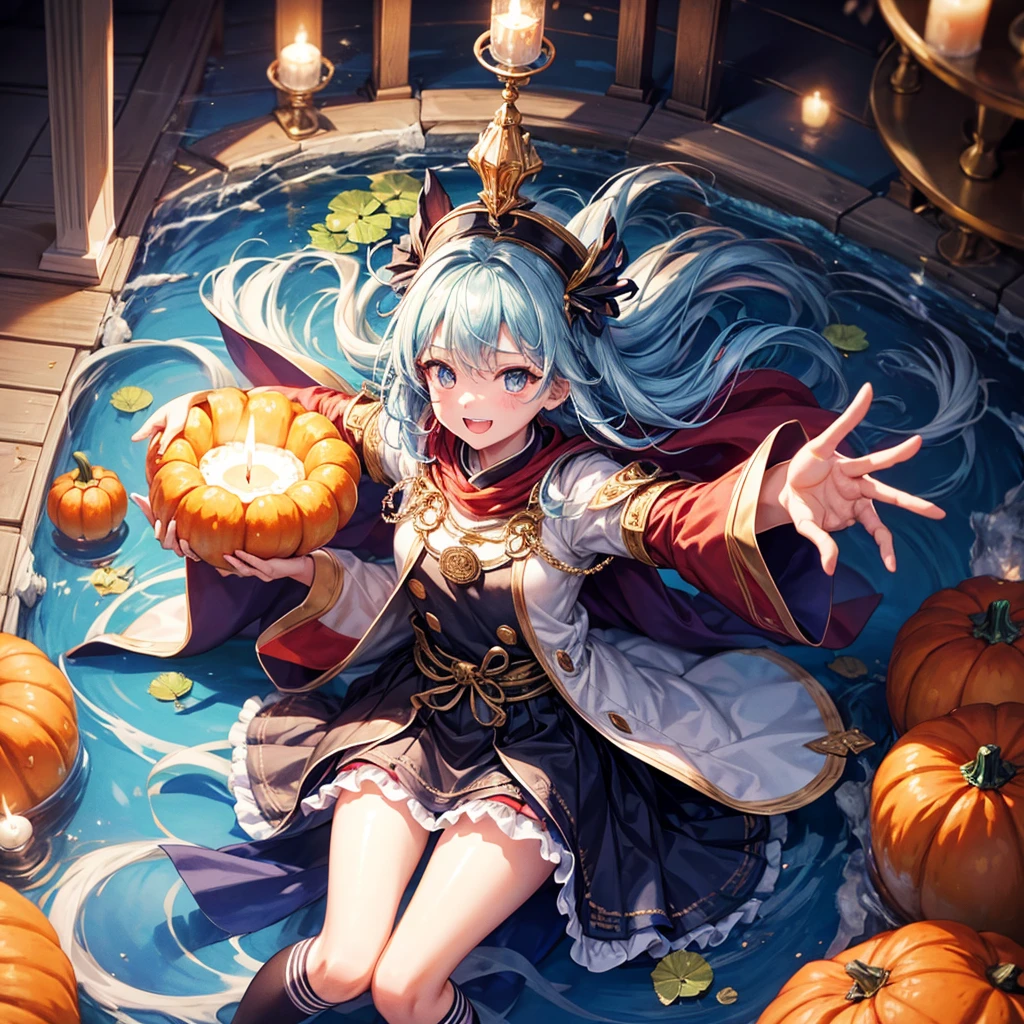 Aqua blue hair、Golden Eyes、Braid、One good looking girl、solo、anime、Checkered mini skirt、Ruffles on the skirt、Red T-shirt、Cape、Gothic、Black knee-high socks、bandana、Fluffy clothes、Wearing a ribbon、Ribbon on waist、Tilting face、Teeth are visible、Sunset sky、Piercing the clouds、Contrail、lotus leaves、Cumulonimbus、Pillar of Light、candle fire、Silver coin necklace、A world of light、Spreading his arms for balance、Pumpkin hat、shine、From the sky、From above