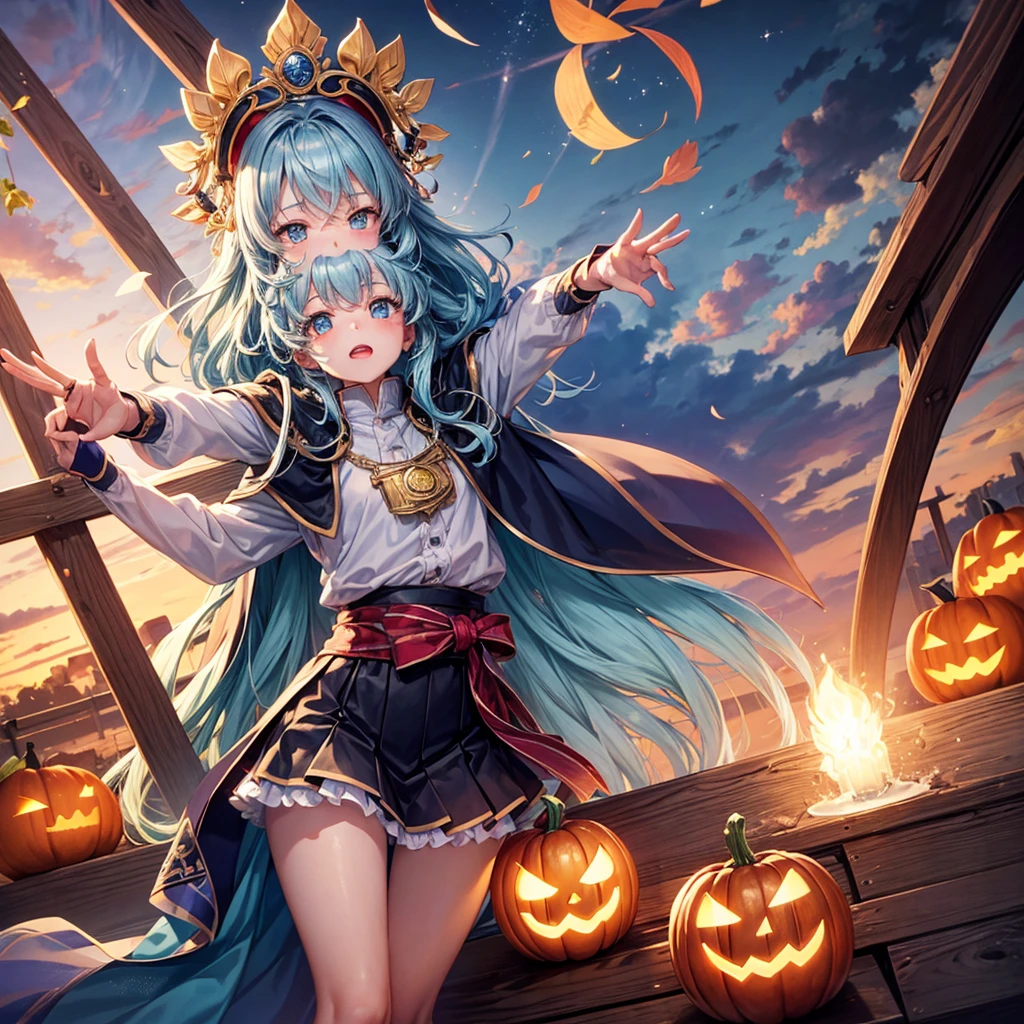 Aqua blue hair、Golden Eyes、Braid、One good looking girl、solo、anime、Checkered mini skirt、Ruffles on the skirt、Red T-shirt、Cape、Gothic、Black knee-high socks、bandana、Fluffy clothes、Wearing a ribbon、Ribbon on waist、Tilting face、Teeth are visible、Sunset sky、Piercing the clouds、Contrail、lotus leaves、Cumulonimbus、Pillar of Light、candle fire、Silver coin necklace、A world of light、Spreading his arms for balance、Pumpkin hat、shine、From the sky、From above