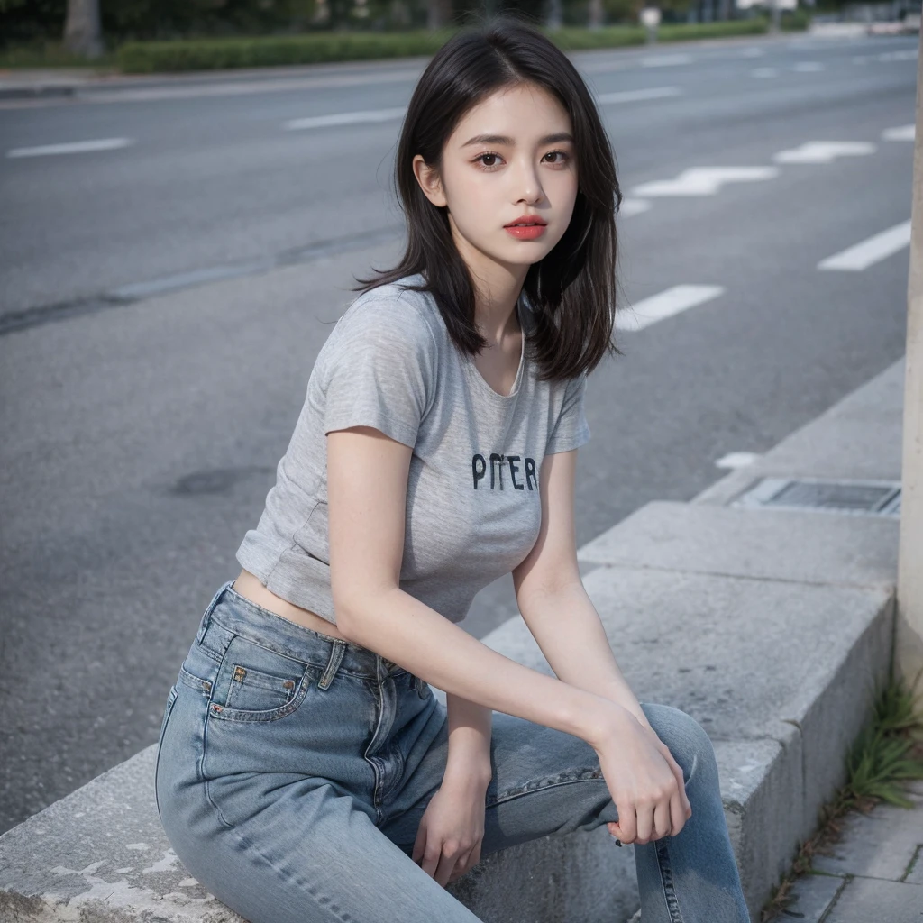 fille de 15 ans, cheveux verts, (cheveux bob). Wear a dark green t-shirt, gros seins naturels, ((porter un pantalon en jean gris)), pose debout, fond gris