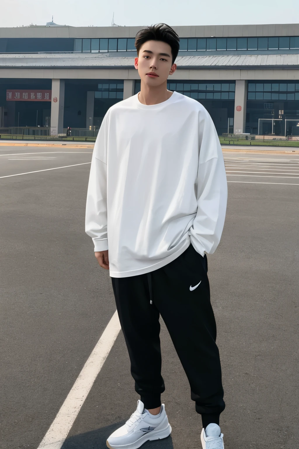 A Beijing young man in a oversize t shirt and black Jogger trousers stands against a gym center background, full body, Height is 1 cm, sneaker,  