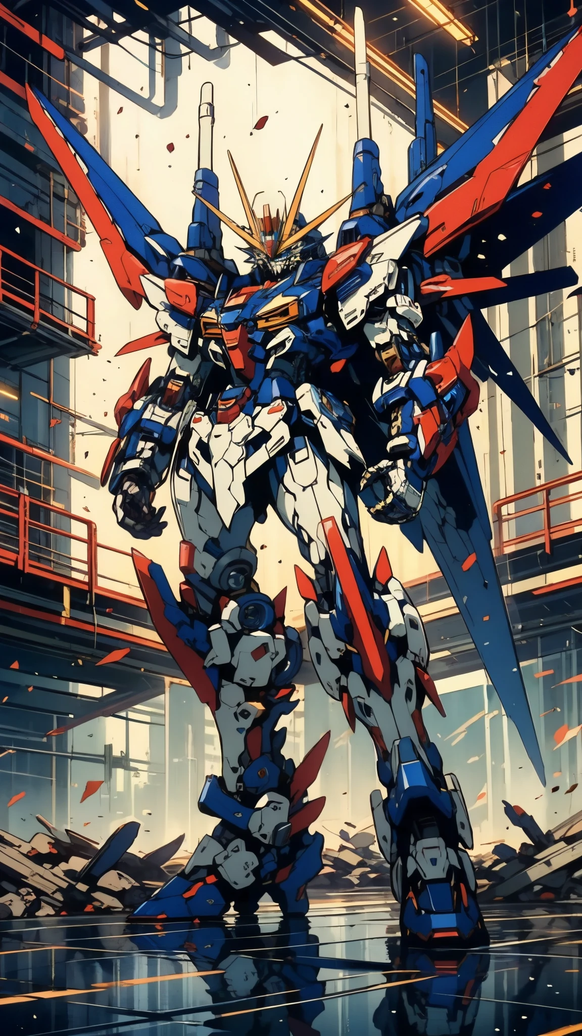 Humanoid Mecha, fully enclosed shoulder guards, matching arm and leg guards, full body, full armor, super robot, the design balances heavy with agility, (the color scheme is primarily white with red and blue accents, the concept Inspired by super robot, Lion concept chest armor, pose, standing, floating high above the futuristic sci-fi city), exquisite and mature art style, (aura effect, energy, glowing eyes, the armor glows), ((SRS)), metallic, dramatic, high definition, best quality, highres, ultra-detailed, ultra-fine painting, extremely delicate, professional, perfect body proportions, anatomically correct, symmetrical face, extremely detailed eyes and face, high quality eyes, creativity, RAW photo, UHD, 32k, Natural light, cinematic lighting, masterpiece-anatomy-perfect, masterpiece:1.5