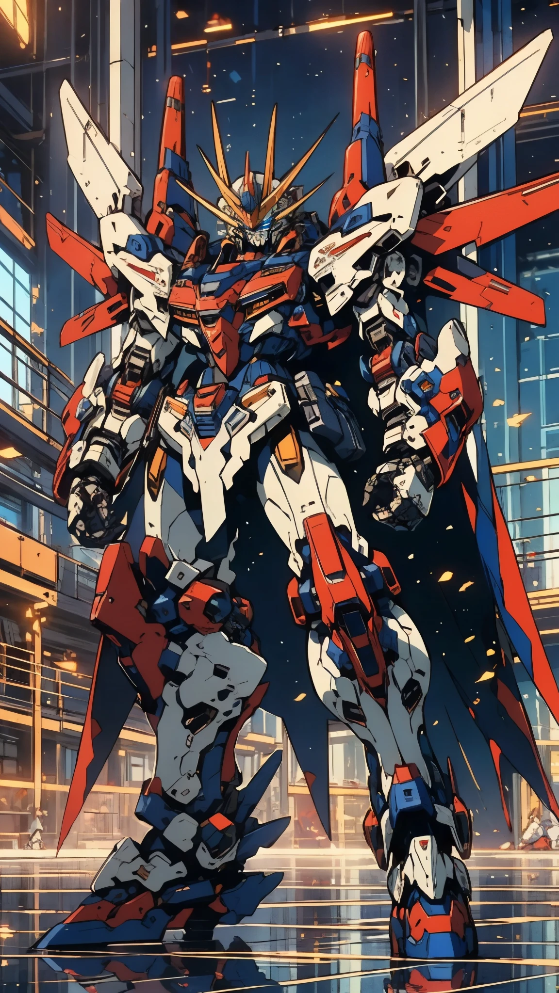 Humanoid Mecha, fully enclosed shoulder guards, matching arm and leg guards, full body, full armor, super robot, the design balances heavy with agility, (the color scheme is primarily white with red and blue accents, the concept Inspired by super robot, Lion concept chest armor, pose, standing, floating high above the futuristic sci-fi city), exquisite and mature art style, (aura effect, energy, glowing eyes, the armor glows), ((SRS)), metallic, dramatic, high definition, best quality, highres, ultra-detailed, ultra-fine painting, extremely delicate, professional, perfect body proportions, anatomically correct, symmetrical face, extremely detailed eyes and face, high quality eyes, creativity, RAW photo, UHD, 32k, Natural light, cinematic lighting, masterpiece-anatomy-perfect, masterpiece:1.5
