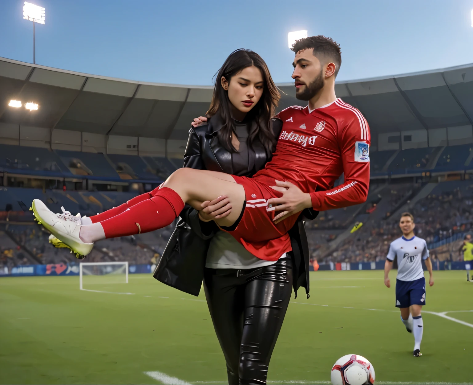 fainting, fainted man, unconscuous man, passed out, Andrea carries the wounded man's body in her hands, Andrea grabs his legs and his body with her hands, the bearded man in Andrea's arms is visibly in pain, stadium atmosphere, the bearded man is lying consciousless in Andrea's arms with one arm hanging down, A scene at a soccer stadium, a bearded man lying in a caring women's arms, lying helpless in her arms with his head dangling down, he has one arm dangling down while being carried in the women's arms, There is an attractive and heavily made-up woman in a long black leather coat, A pretty woman in a shiny black leather coat on a soccer field, A wonderful woman is holding a passed out man, A man in matt and roughened sportswear is held diagonal in her arms, a man in a woman's arms and lets one arm dangling down, we see the man held in front of the woman's body, the man is cradled in the woman's arm while being carried, the beautiful woman is exceptionally heavily made up and has an extremely desperate and very angry expression on her face, high-resolution photo, realistic sports photo, soccer scene, woman in black shiny long leather coat, injury scene, real photo, ultra realistic, high definition, sports photography