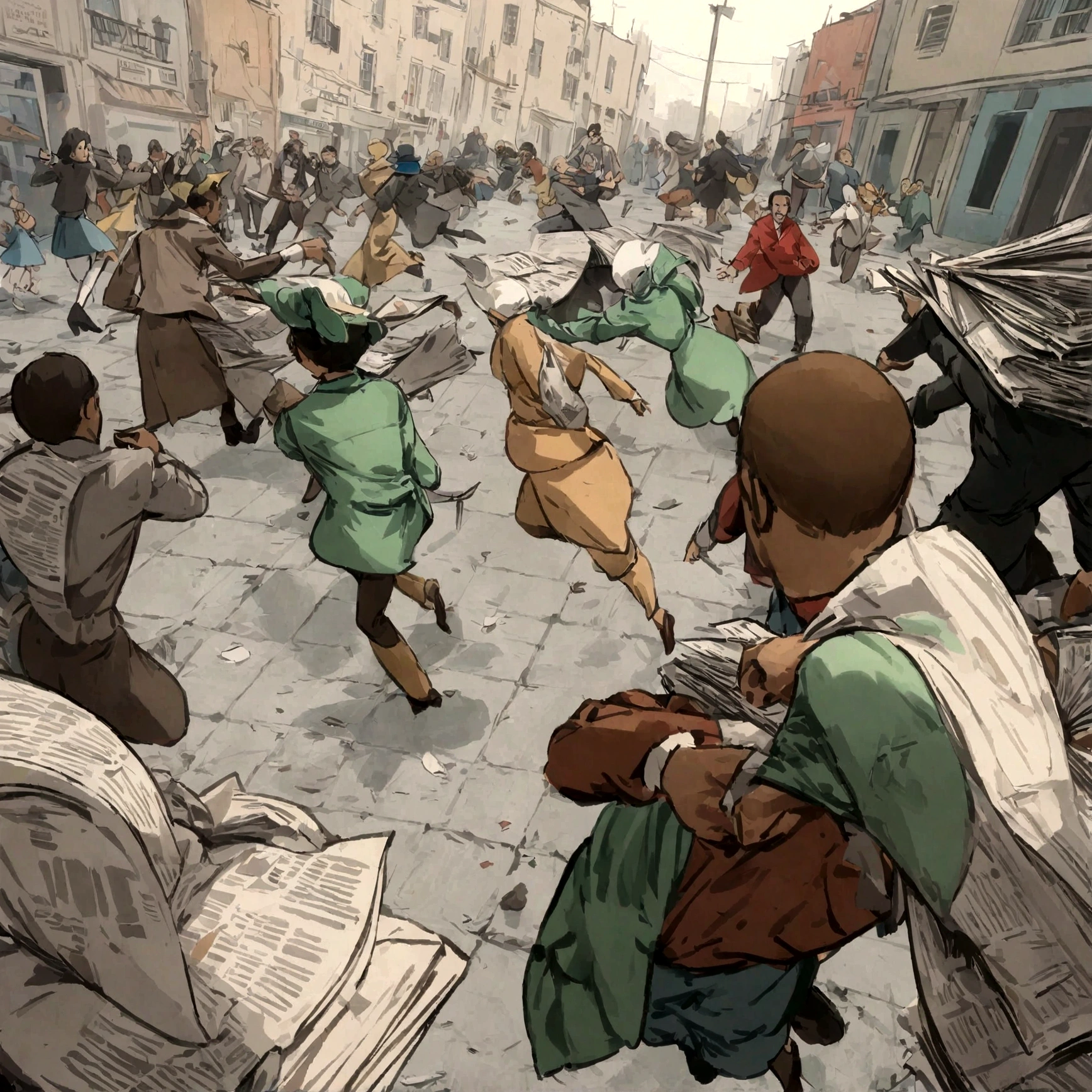 (melhor qualidade,4k,high resolution,Obra de arte:1.2),ultra-detalhado,"newspaper seller chasing flying newspapers, trying to catch them",cores vibrantes,Filme sombrio,energetic movement,rostos expressivos,jornais espalhados por toda parte,leftover newspapers on the floor,chaotic and dynamic scene,retro fashion from the 50s,uma banca de jornal vintage,pessoas na rua assistindo,atmosfera animada da cidade,fast-paced action,postes lindamente iluminados