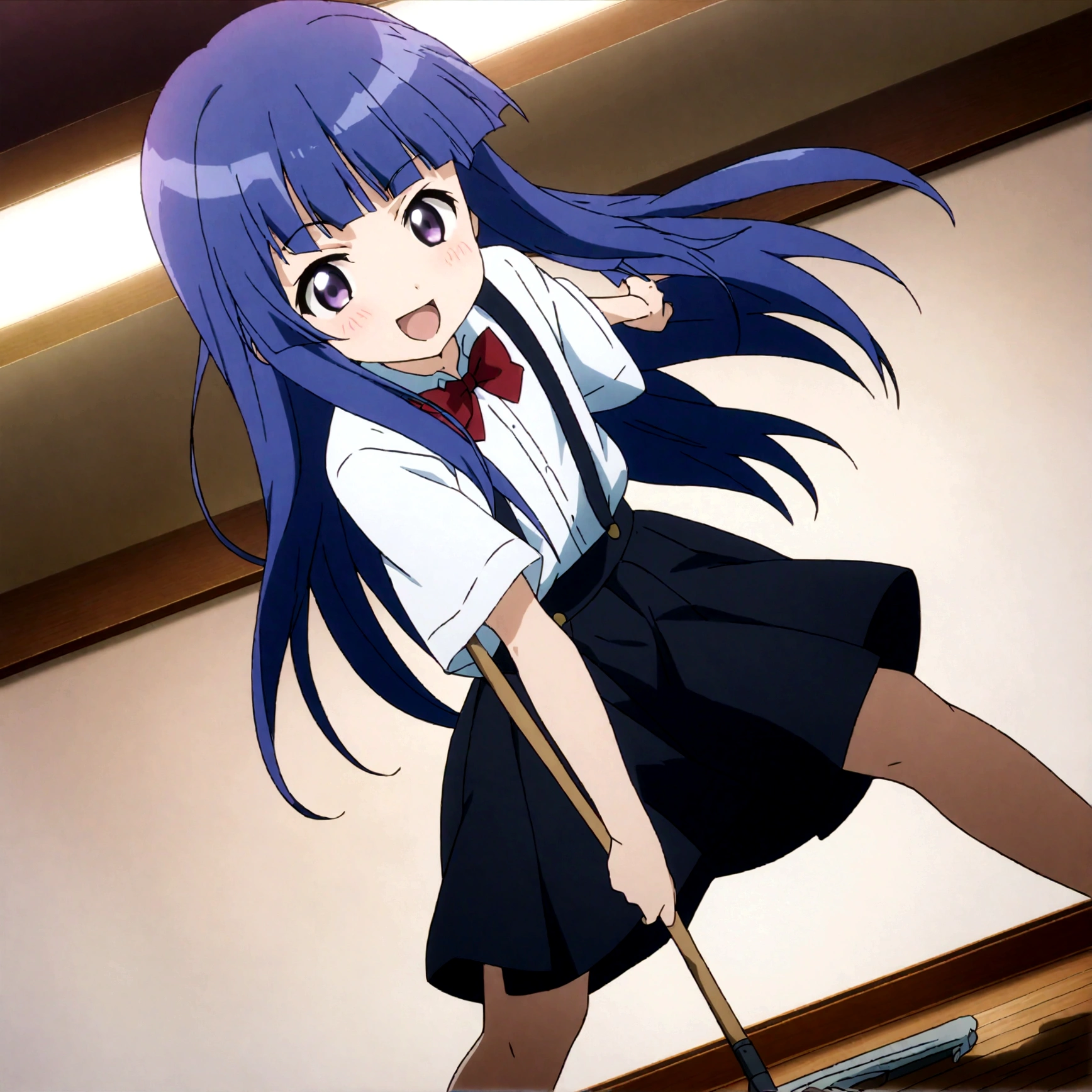 score_9,score_8, score_8_up, BREAK 1girl, solo, furude rika, (tween), kawaii, blue hair, purple eyes, long hair, blunt bangs, bangs,, bow, skirt, shirt, suspenders, smile, short sleeves, pleated skirt, white shirt, open mouth, :d, red bow, facing viewer,^_^, suspender skirt, , black skirt, collared shirt, blush, bowtie, blunt bangs, dress shirt,masterpiece, best quality, source_anime,ceiling, ceiling light, great lighting, detailed shadows, detailed body, anime artwork,anime style, key visual, vibrant, studio anime, highly detailed, anime coloring,,battle stance,fullbody,spread leg,holding mop,battoujutsu,motion blur,motion lines,dynamic angle,simple background, white background.