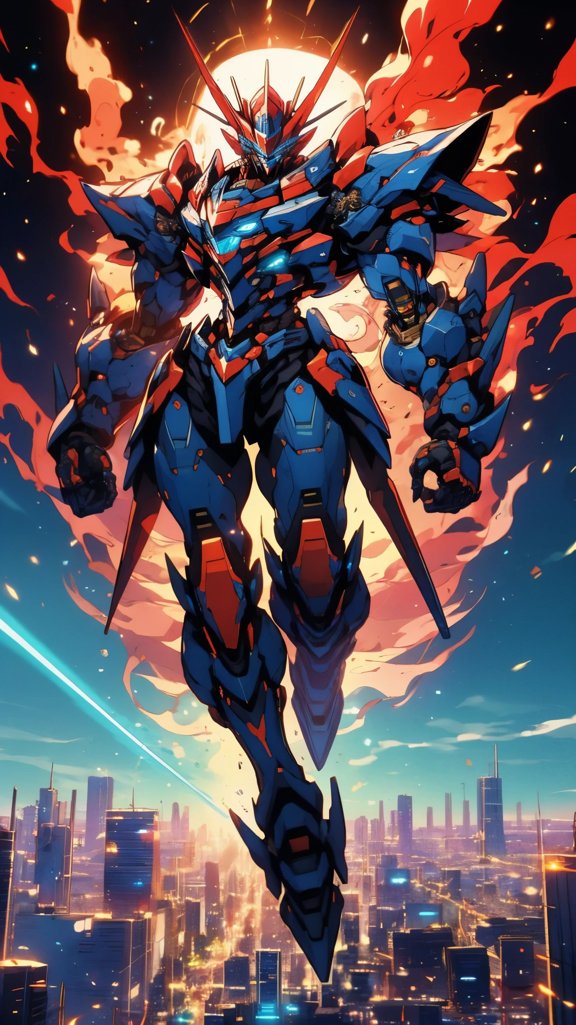 Humanoid Mecha, fully enclosed shoulder guards, matching arm and leg guards, full body, full armor, super robot, the design balances heavy with agility, (the color scheme is primarily white with red and blue accents, the concept Inspired by super robot, Lion concept chest armor, pose, standing, floating high above the futuristic sci-fi city), exquisite and mature art style, (aura effect, energy, glowing eyes, the armor glows), ((SRS)), metallic, dramatic, high definition, best quality, highres, ultra-detailed, ultra-fine painting, extremely delicate, professional, perfect body proportions, anatomically correct, symmetrical face, extremely detailed eyes and face, high quality eyes, creativity, RAW photo, UHD, 32k, Natural light, cinematic lighting, masterpiece-anatomy-perfect, masterpiece:1.5