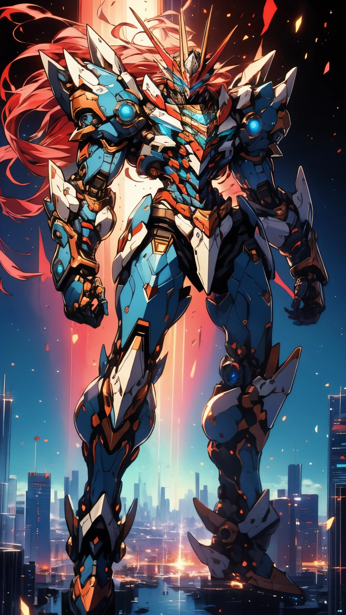 Humanoid Mecha, fully enclosed shoulder guards, matching arm and leg guards, full body, full armor, super robot, the design balances heavy with agility, (the color scheme is primarily white with red and blue accents, the concept Inspired by super robot, Lion concept chest armor, pose, standing, floating high above the futuristic sci-fi city), exquisite and mature art style, (aura effect, energy, glowing eyes, the armor glows), ((SRS)), metallic, dramatic, high definition, best quality, highres, ultra-detailed, ultra-fine painting, extremely delicate, professional, perfect body proportions, anatomically correct, symmetrical face, extremely detailed eyes and face, high quality eyes, creativity, RAW photo, UHD, 32k, Natural light, cinematic lighting, masterpiece-anatomy-perfect, masterpiece:1.5