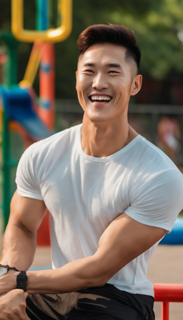 a handsome Korean man, muscular undercut hair, laughing out loud looking at the camera, his husband has a clean, handsome face, wearing a white and tight sleeveless t-shirt, wide black shorts, the background of the afternoon playground bright