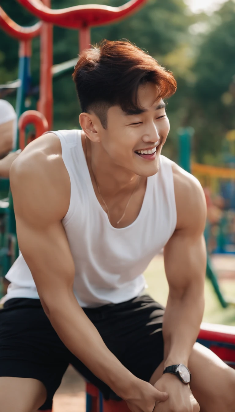 a handsome Korean man, muscular undercut hair, laughing out loud looking at the camera, his husband has a clean, handsome face, wearing a white and tight sleeveless t-shirt, wide black shorts, the background of the afternoon playground bright