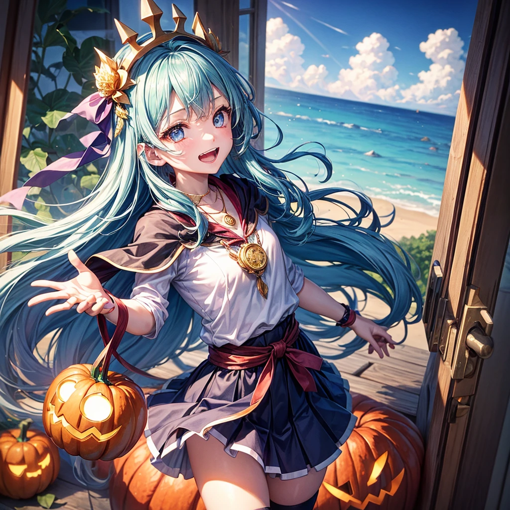 Aqua blue hair、Golden Eyes、Braid、One good looking girl、solo、anime、Checkered mini skirt、Ruffles on the skirt、Red T-shirt、Cape、Gothic、Black knee-high socks、bandana、Fluffy clothes、Wearing a ribbon、Ribbon on waist、Tilting face、Teeth are visible、Sunset sky、Piercing the clouds、Contrail、lotus leaves、Cumulonimbus、Pillar of Light、Silver coin necklace、A world of light、Spreading his arms for balance、Pumpkin hat、shine、From above、Doors of Hell