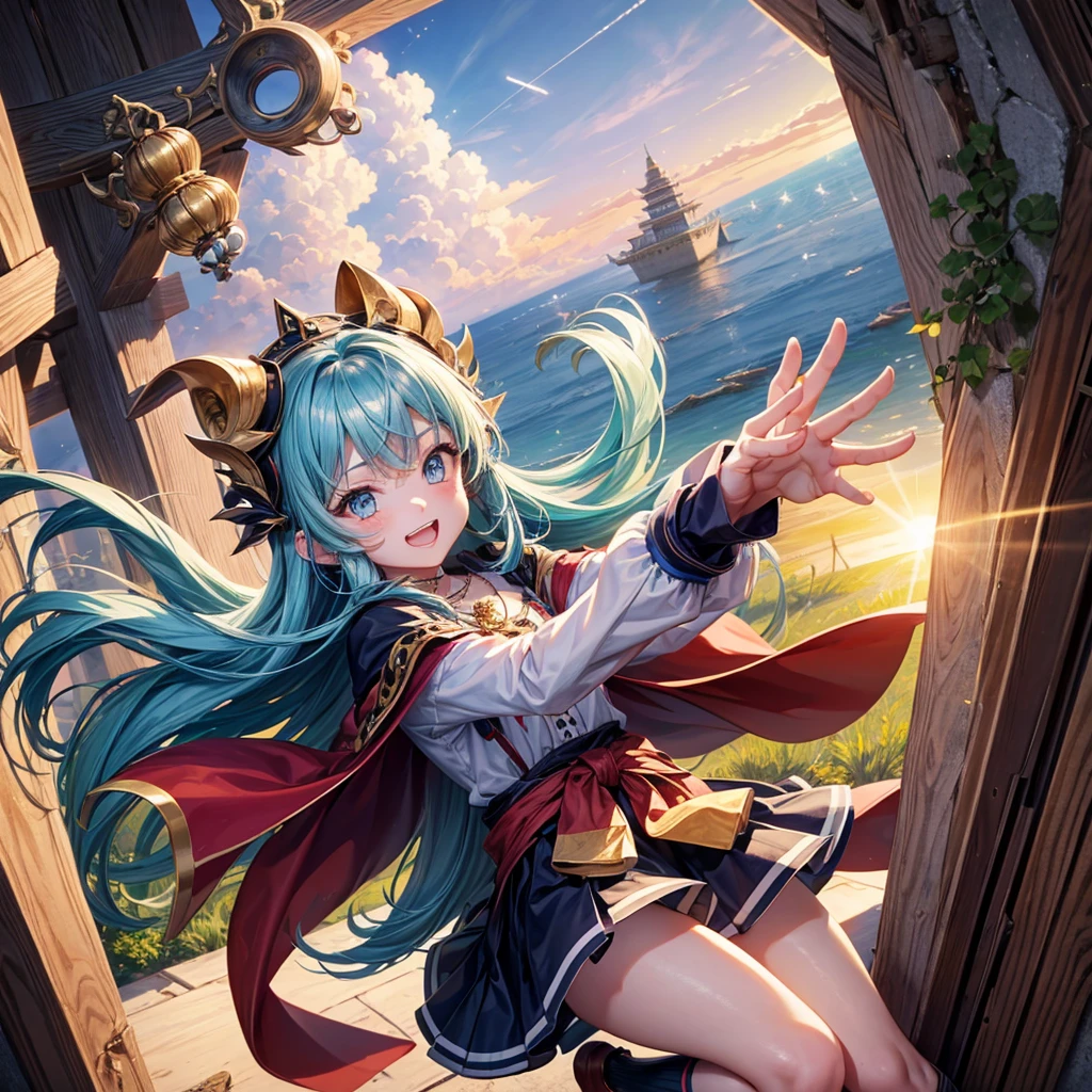 Aqua blue hair、Golden Eyes、Braid、One good looking girl、solo、anime、Checkered mini skirt、Ruffles on the skirt、Red T-shirt、Cape、Gothic、Black knee-high socks、bandana、Fluffy clothes、Wearing a ribbon、Ribbon on waist、Tilting face、Teeth are visible、Sunset sky、Piercing the clouds、Contrail、lotus leaves、Cumulonimbus、Pillar of Light、Silver coin necklace、A world of light、Spreading his arms for balance、Pumpkin hat、shine、From above、Doors of Hell