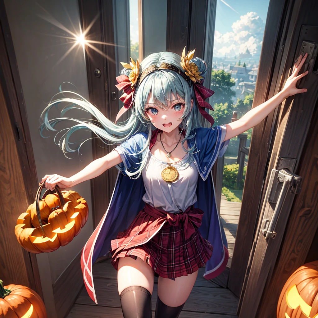 Aqua blue hair、Golden Eyes、Braid、One good looking girl、solo、anime、Checkered mini skirt、Ruffles on the skirt、Red T-shirt、Cape、Gothic、Black knee-high socks、bandana、Fluffy clothes、Wearing a ribbon、Ribbon on waist、Tilting face、Teeth are visible、Sunset sky、Piercing the clouds、Contrail、lotus leaves、Cumulonimbus、Pillar of Light、Silver coin necklace、A world of light、Spreading his arms for balance、Pumpkin hat、shine、From above、Doors of Hell