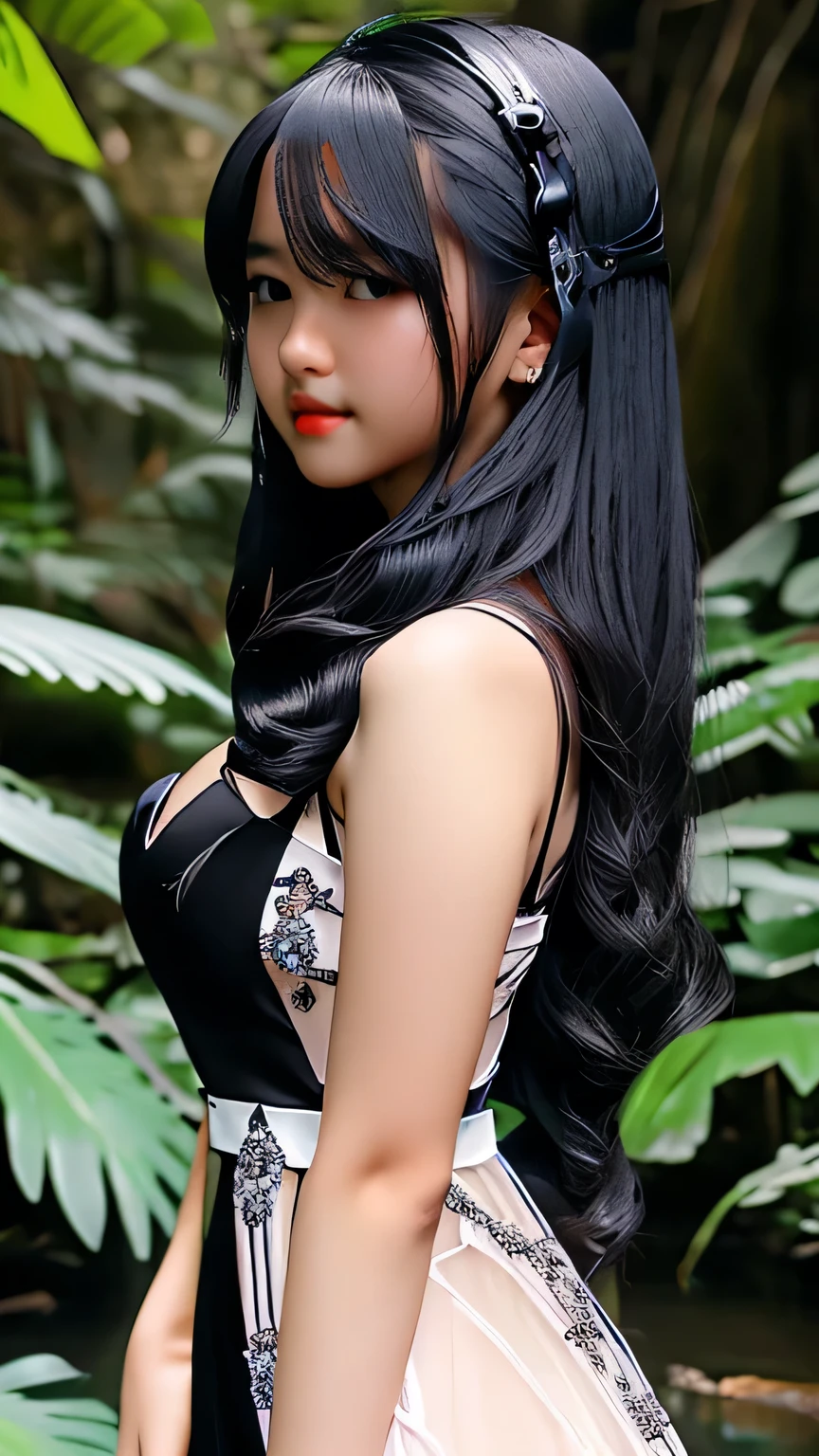 Hatsune Miku, Gothic Dress、Black clothes、Black Hair、Black Theme、masterpiece, 最high quality, high quality, High resolution、In front of a large waterfall in the forest、((Face close-up))、Big Tits、、Big Tits、、Big Tits、