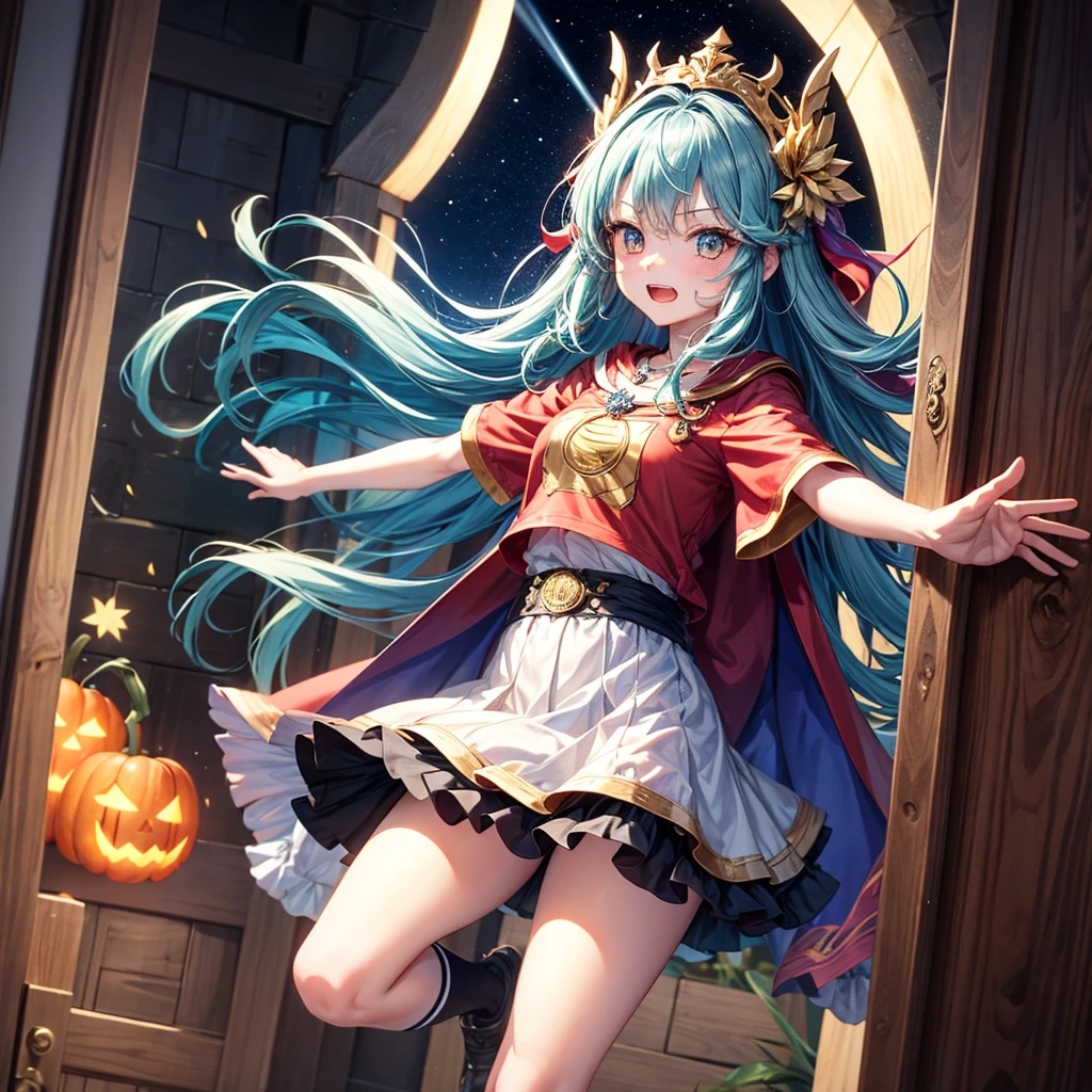 Aqua blue hair、Golden Eyes、Braid、One good looking girl、solo、anime、Checkered mini skirt、Ruffles on the skirt、Red T-shirt、Cape、Gothic、Black knee-high socks、bandana、Fluffy clothes、Wearing a ribbon、Ribbon on waist、Tilting face、Teeth are visible、Sunset sky、Piercing the clouds、Contrail、lotus leaves、Cumulonimbus、Pillar of Light、Silver coin necklace、A world of light、Spreading his arms for balance、Pumpkin hat、shine、From above、Doors of Hell