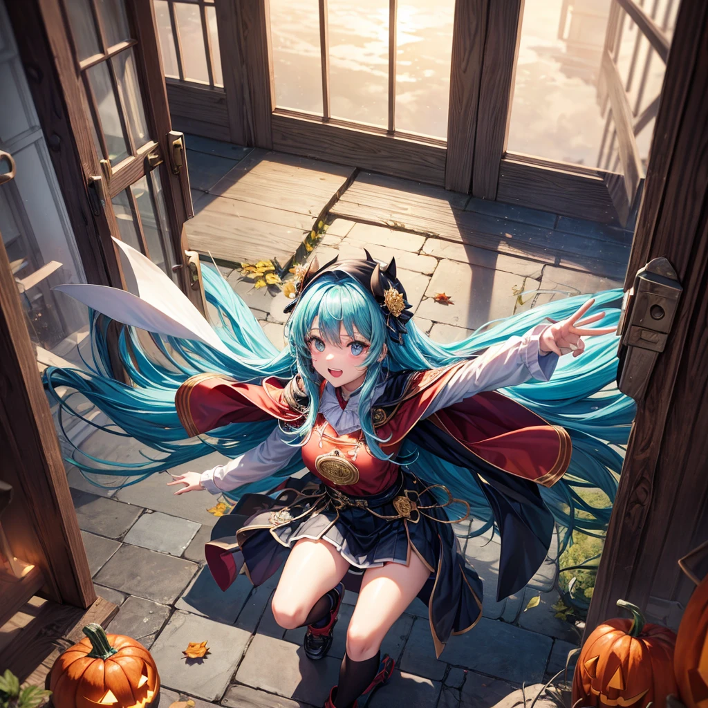 Aqua blue hair、Golden Eyes、Braid、One good looking girl、solo、anime、Checkered mini skirt、Ruffles on the skirt、Red T-shirt、Cape、Gothic、Black knee-high socks、bandana、Fluffy clothes、Wearing a ribbon、Ribbon on waist、Tilting face、Teeth are visible、Sunset sky、Piercing the clouds、Contrail、lotus leaves、Cumulonimbus、Pillar of Light、Silver coin necklace、A world of light、Spreading his arms for balance、Pumpkin hat、shine、From above、Doors of Hell