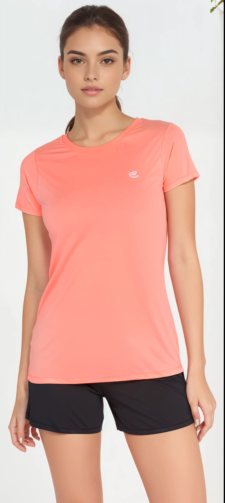 a woman in a blusa rosa and black shorts posing for a picture, Manga curta, wearing an orange Camiseta, sport Camiseta, vestindo uma camiseta laranja, blusa rosa, coral vermelho, camiseta, Camiseta, roupas esportivas, corar, roupas esportivas, camiseta, violet coloured Camiseta, coral, prana, blessing, vivid
