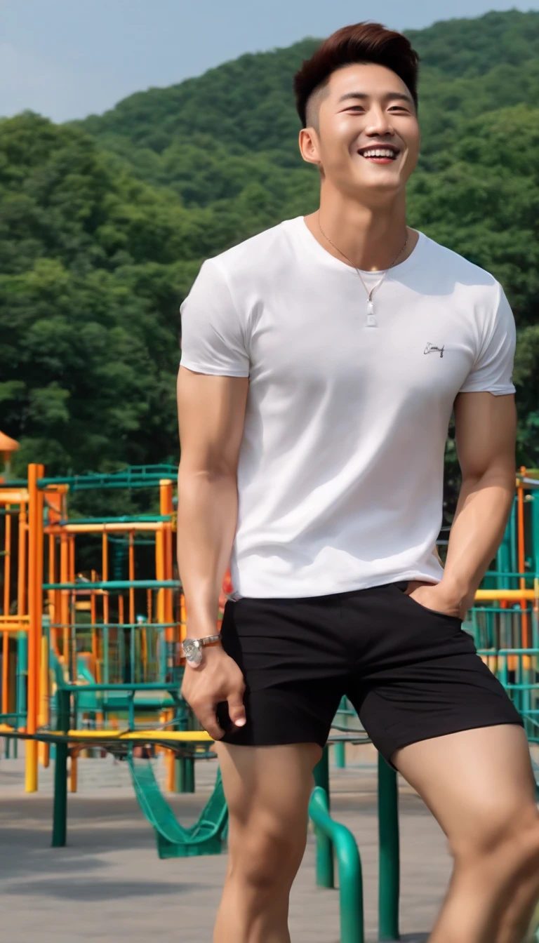 a handsome Korean man, muscular undercut hair, laughing out loud looking at the camera, his husband has a clean, handsome face, wearing a white and tight sleeveless t-shirt, wide black shorts, the background of the afternoon playground bright