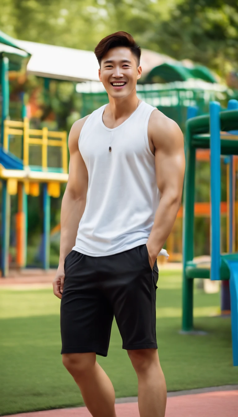 a handsome Korean man, muscular undercut hair, laughing out loud looking at the camera, his husband has a clean, handsome face, wearing a white and tight sleeveless t-shirt, wide black shorts, the background of the afternoon playground bright