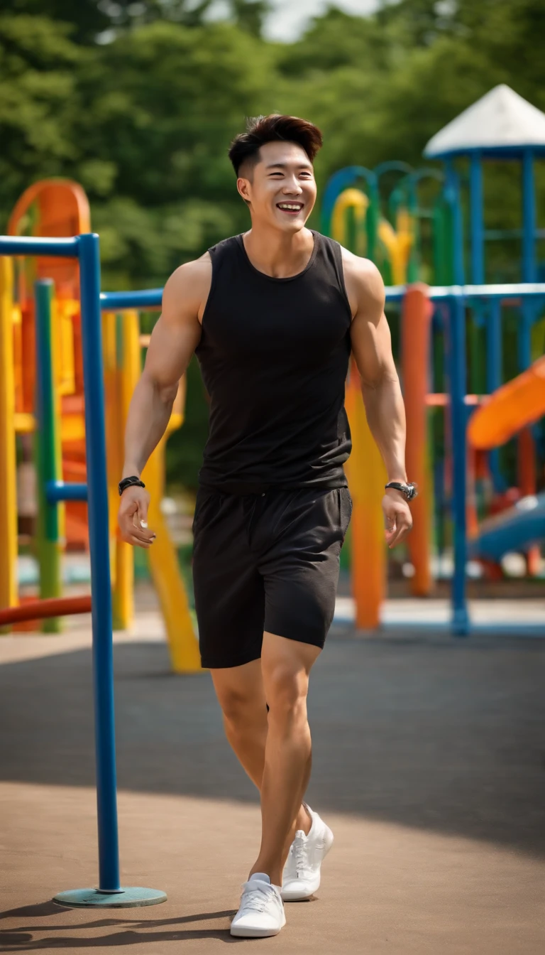 a handsome Korean man, muscular undercut hair, laughing out loud looking at the camera, his husband has a clean, handsome face, wearing a white and tight sleeveless t-shirt, wide black shorts, the background of the afternoon playground bright