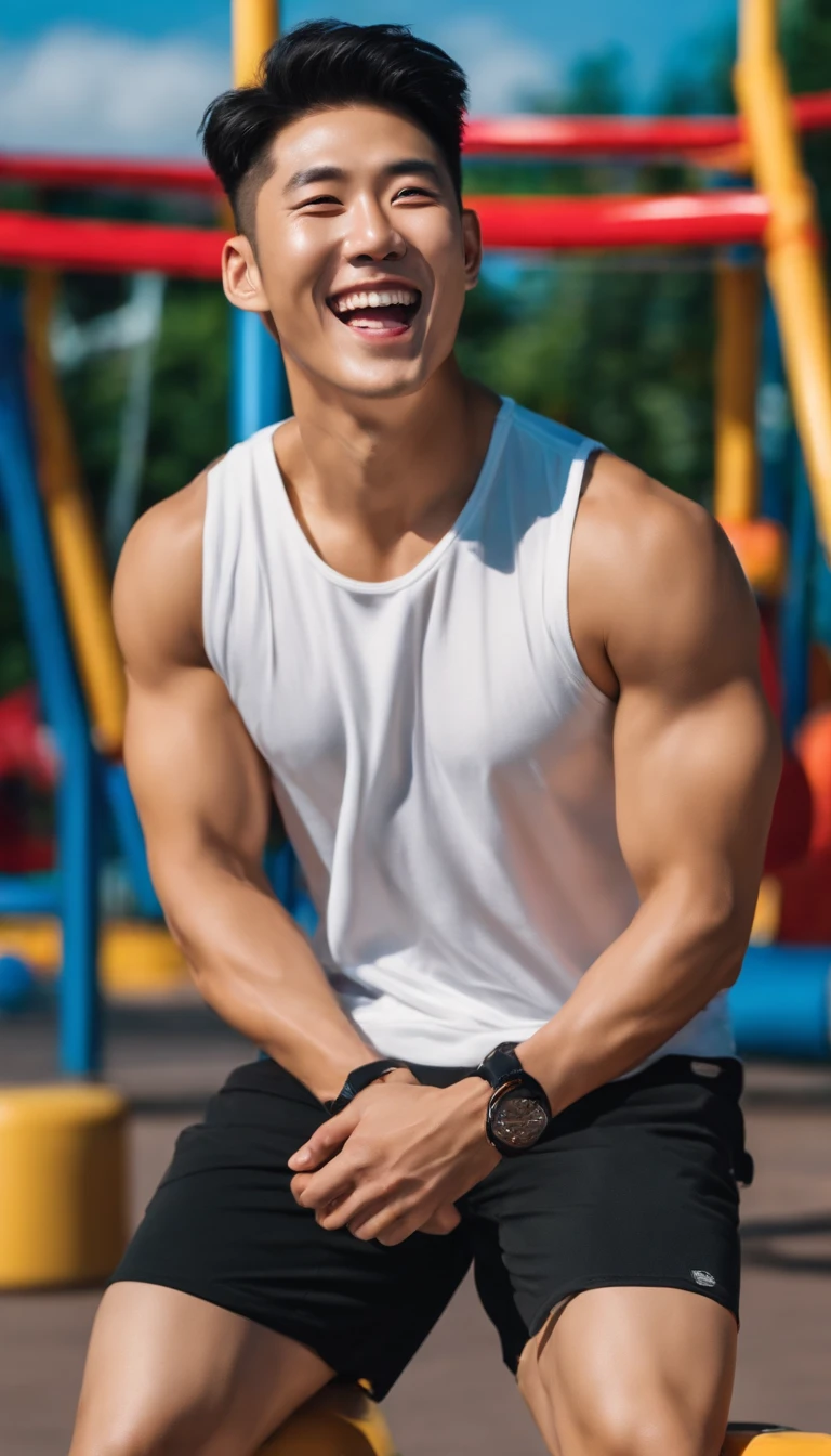 a handsome Korean man, muscular undercut hair, laughing out loud looking at the camera, his husband has a clean, handsome face, wearing a white and tight sleeveless t-shirt, wide black shorts, the background of the afternoon playground bright