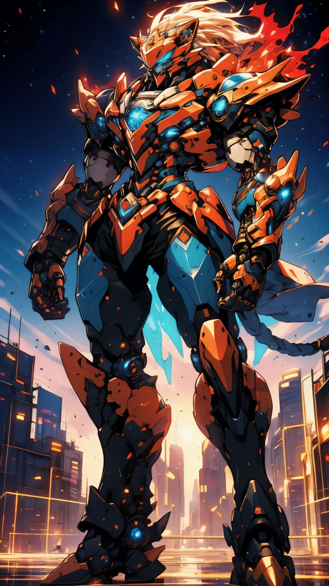 Humanoid Mecha, fully enclosed shoulder guards, matching arm and leg guards, full body, full armor, super robot, the design balances heavy with agility, (the color scheme is primarily white with red and blue accents, the concept Inspired by super robot, Lion concept chest armor, pose, standing, floating high above the futuristic sci-fi city), exquisite and mature art style, (aura effect, energy, glowing eyes, the armor glows), ((SRS)), metallic, dramatic, high definition, best quality, highres, ultra-detailed, ultra-fine painting, extremely delicate, professional, perfect body proportions, anatomically correct, symmetrical face, extremely detailed eyes and face, high quality eyes, creativity, RAW photo, UHD, 32k, Natural light, cinematic lighting, masterpiece-anatomy-perfect, masterpiece:1.5