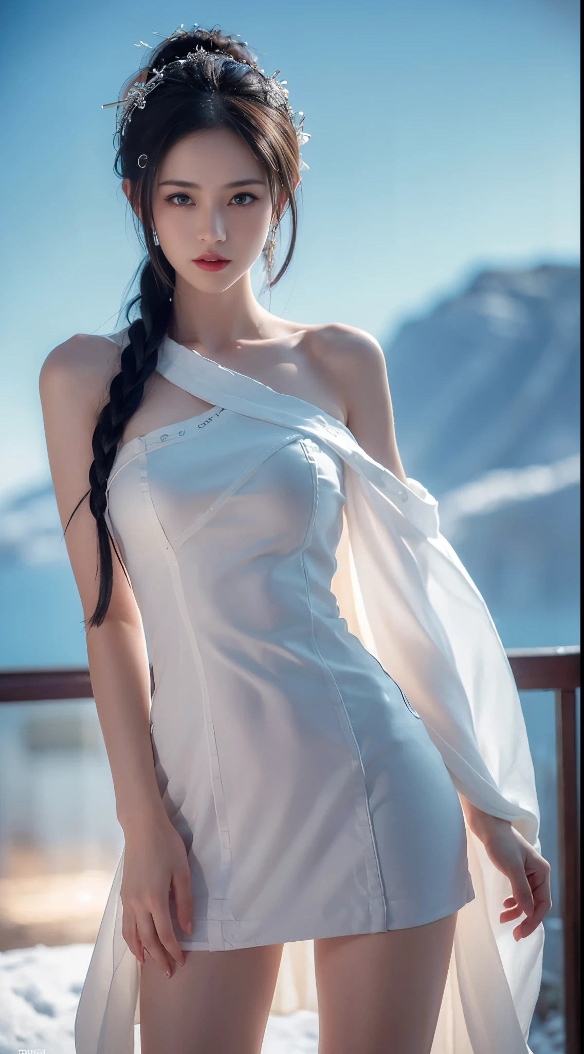 BAINV, ((cowboy shot)), ((Bare shoulder)), ((Short hemlines, sexy long legs)), realistic detailed photo of a giant breasted girl with exposed shoulders, detailed fingers, high quality skin, red eyes, alone in a winter scene with clouds, wind, and flowing hair, (best quality,4k,8k,highres,masterpiece:1.2),ultra-detailed,(realistic,photorealistic,photo-realistic:1.37),studio lighting,vivid colors