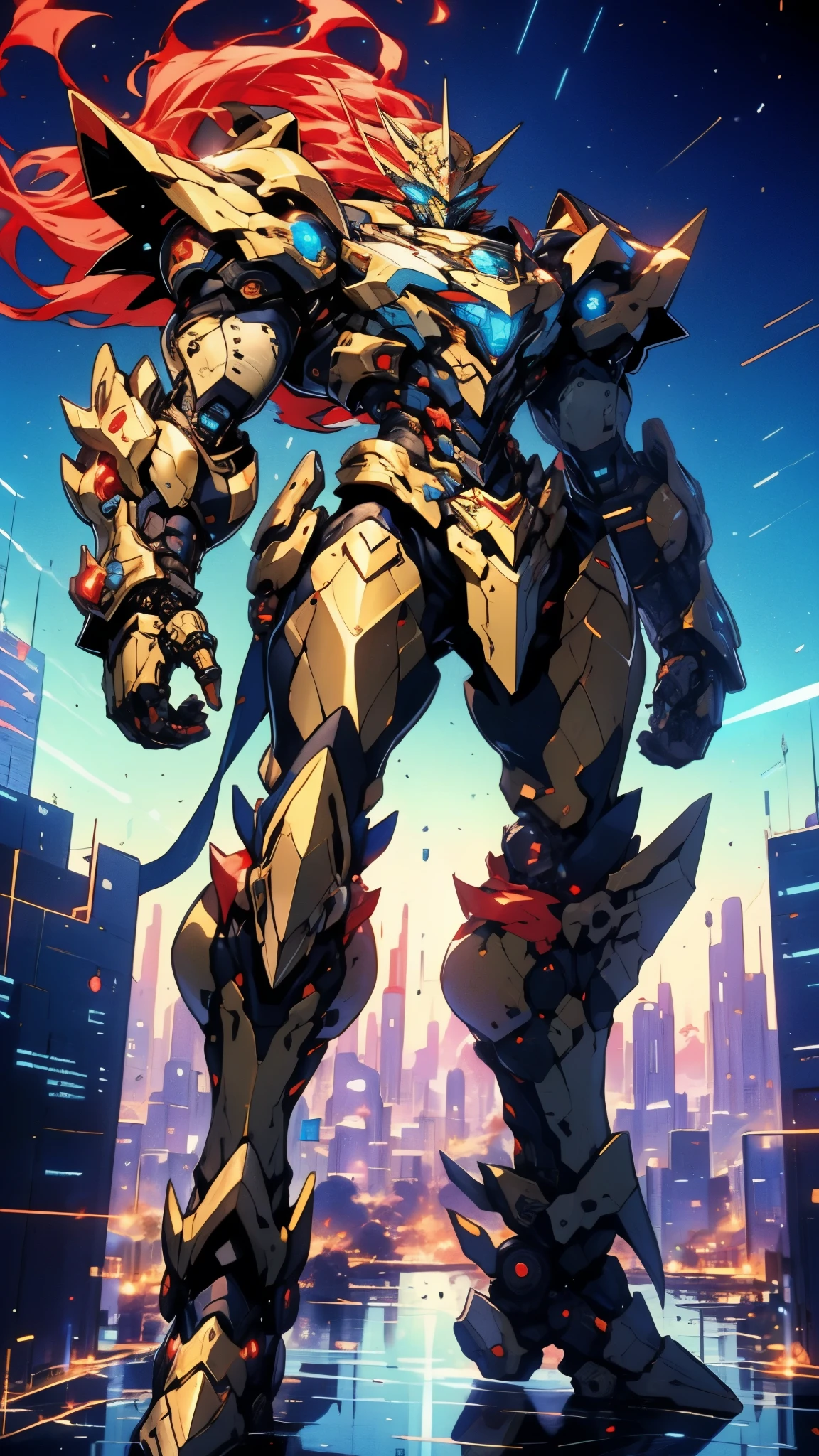 Humanoid Mecha, fully enclosed shoulder guards, matching arm and leg guards, full body, full armor, super robot, the design balances heavy with agility, (the color scheme is primarily white with red and blue accents, the concept Inspired by super robot, Lion concept chest armor, pose, standing, floating high above the futuristic sci-fi city), exquisite and mature art style, (aura effect, energy, glowing eyes, the armor glows), ((SRS)), metallic, dramatic, high definition, best quality, highres, ultra-detailed, ultra-fine painting, extremely delicate, professional, perfect body proportions, anatomically correct, symmetrical face, extremely detailed eyes and face, high quality eyes, creativity, RAW photo, UHD, 32k, Natural light, cinematic lighting, masterpiece-anatomy-perfect, masterpiece:1.5