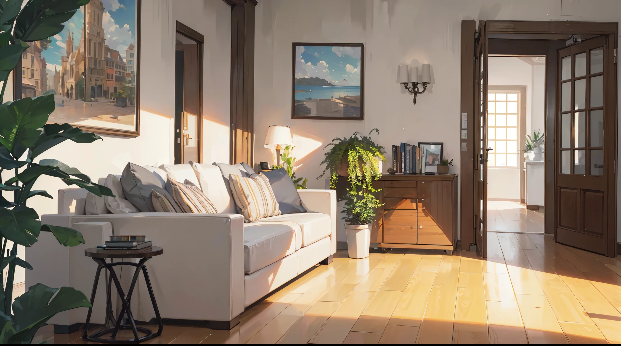 (Best quality, 4K, 8K, high resolution, masterpiece: 1.2), extremely detailed, (no one: 1.5), indoor, living room, cozy indoor, potted plants