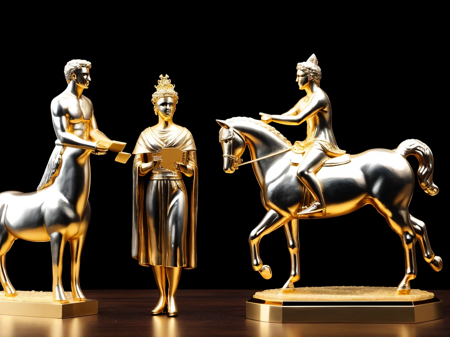 I want a sculpture of stoic philosophers with a black and white background. The picture should focus on the philosphers holding money or in a meeting and showing wealth. It should be a full-body sculpture with walls or buildings in the back ground. Hyper realistic wearing the gold chain glasses several gold coin scattered on the floor Best for creating fairy horse style and sharp lines.