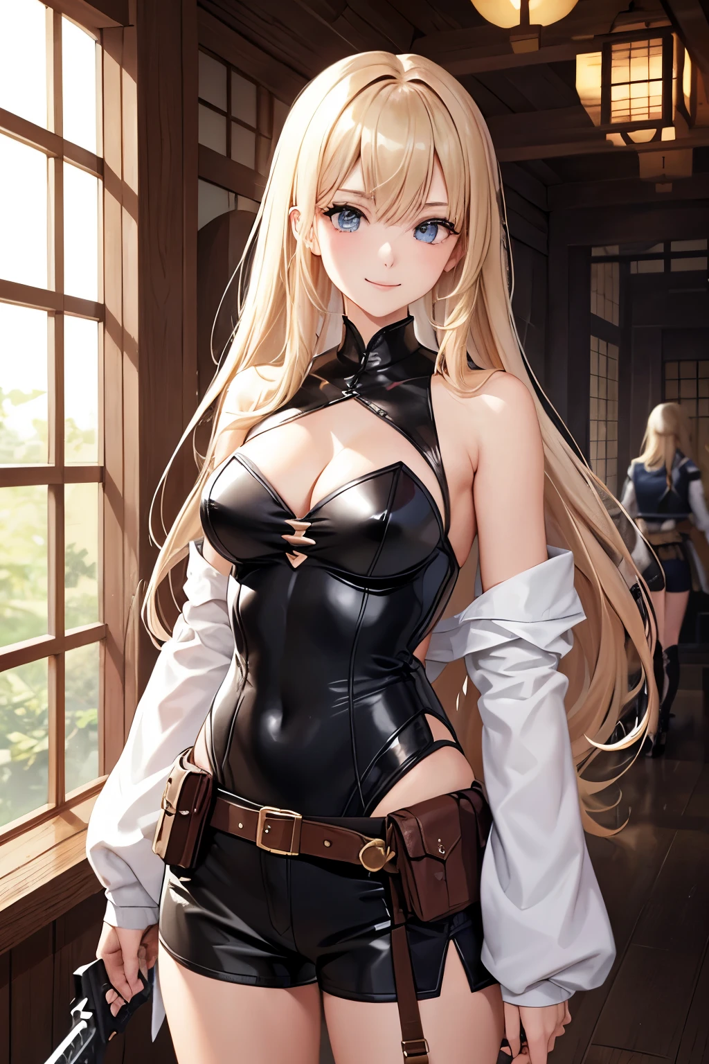 （（（highest quality、first-class、masterpiece、Normal body、8k、Detailed face、Ultra-precision、Normal hand、Normal finger、５Finger、Highest）））、２people、beautiful girl、Adele&Alisha、Relatives and friends、Adele（（Height: 163cm、Silver-haired semi-long、Beautiful Swordswoman、Japanese sword、Carrying a sword、A warm smile、Easygoing、Healing、Ridiculous Costumes、No sleeve、High leg leotard、mini skirt））、Alisha（（Height: 155cm、Long blonde、Beautiful Girl Gunner、gun、Magnum、holster、gun belt、cool、Calm、Smile、Sexy Costumes、Mesh tops、spats、Shorts））、Stand side by side、partner、Dungeons、maze