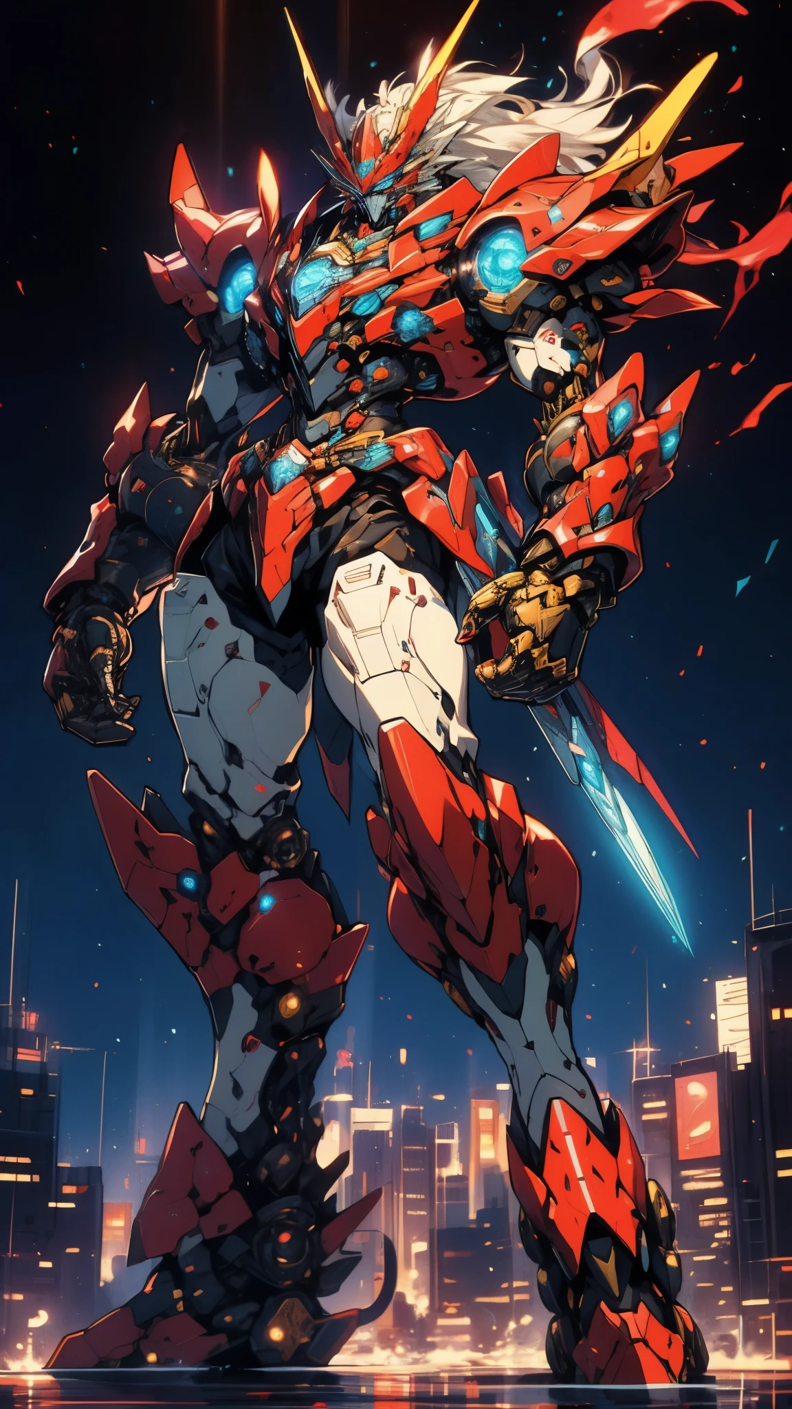 Humanoid Mecha, fully enclosed shoulder guards, matching arm and leg guards, full body, full armor, super robot, the design balances heavy with agility, (the color scheme is primarily white with red and blue accents, the concept Inspired by super robot, Lion concept chest armor, pose, standing, floating high above the futuristic sci-fi city), exquisite and mature art style, (aura effect, energy, glowing eyes, the armor glows), ((SRS)), metallic, dramatic, high definition, best quality, highres, ultra-detailed, ultra-fine painting, extremely delicate, professional, perfect body proportions, anatomically correct, symmetrical face, extremely detailed eyes and face, high quality eyes, creativity, RAW photo, UHD, 32k, Natural light, cinematic lighting, masterpiece-anatomy-perfect, masterpiece:1.5