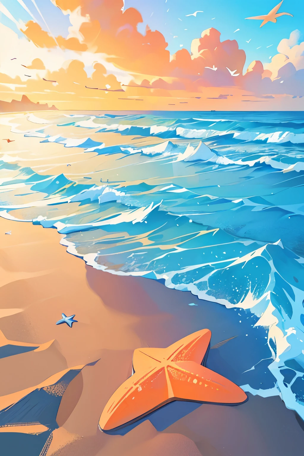 a beautiful beach with a starfish, blue sky, waves, sand, seagulls, sun rays, realistic, photorealistic, 8k, masterpiece, vibrant colors, dynamic composition, cinematic lighting