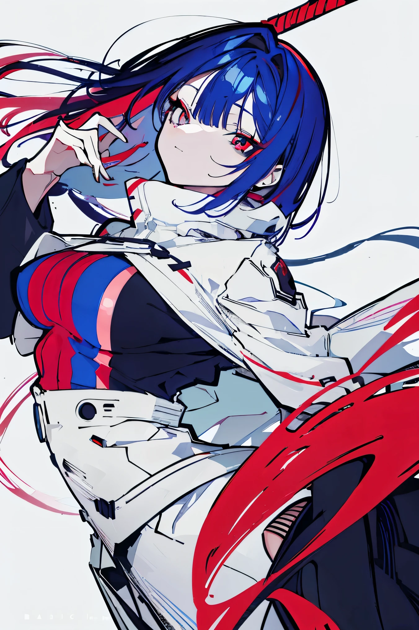 Full body, anime style illustration, composition with sword, indigo gradient hair, pink inner hair color, long vertical red mesh color in bangs as well, large L cup breasts, red right eye, blue odd eye in left eye, black and white turtleneck, simple background, only one character