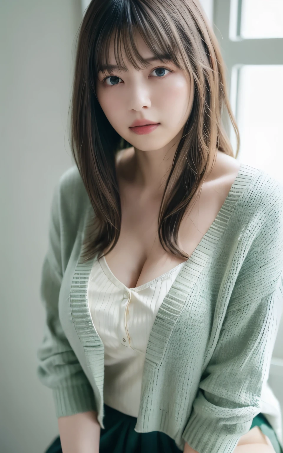 masterpiece, highest quality, 8k, 20th Generation, Big Breasts, cute, alone, sad, cute, Girlish, Delicate girl, Pure beauty, RAW Photos, Professional photography, Portraiture, Soft Light, Professional Lighting, Backlight, Head to Knee, avert your eyes, Sophisticated, Film Grain, (Eye and facial details:1.0), floating short hair, beautiful, Flowing hair, bangs, (A loose cardigan(Grayish pale green))、(Big Breasts:1.2)、A little bit of cleavage is visible、Micro Mini Skirt、Voluptuous thighs、dolly make、Heterochromia iridis、The left and right eyes are different colors