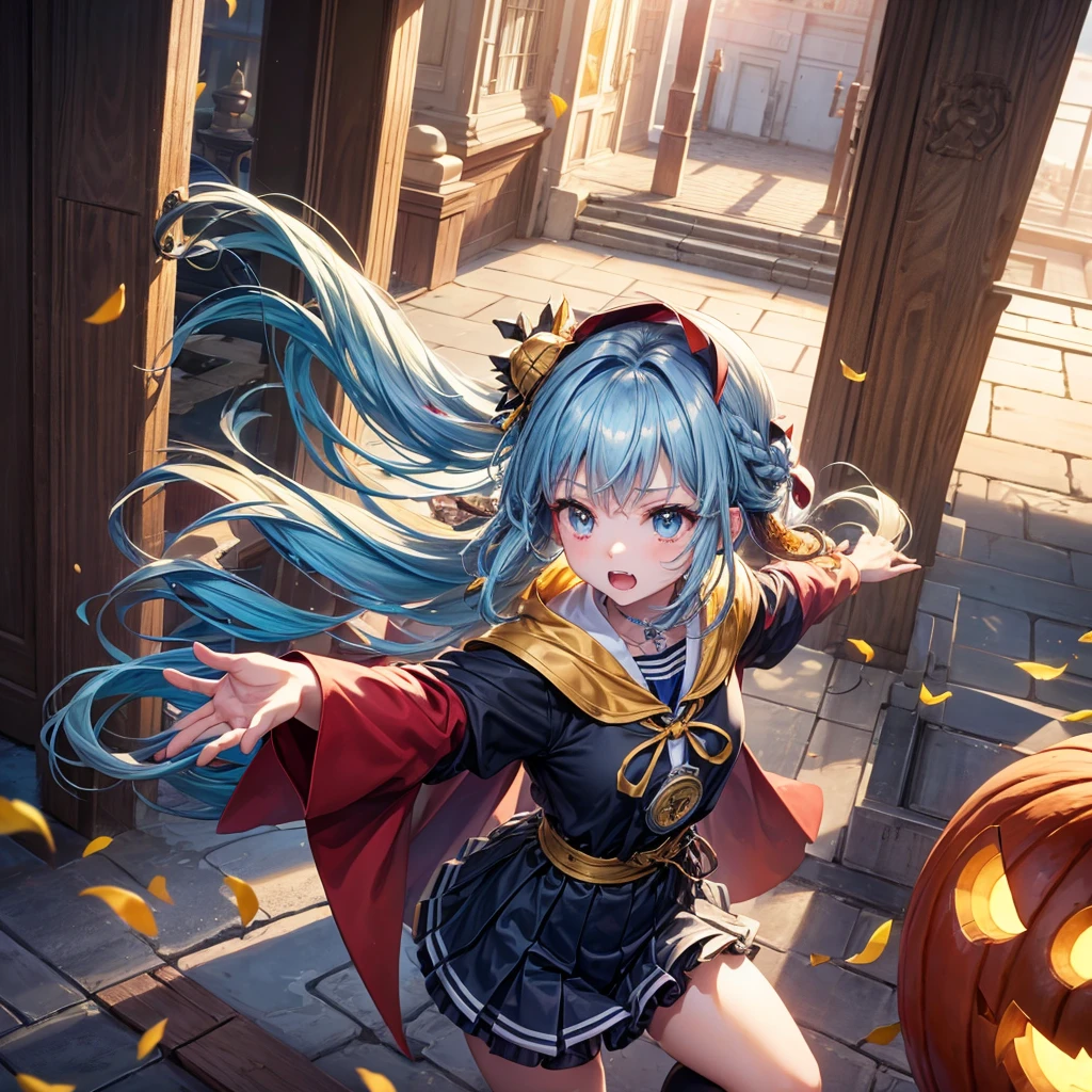 Aqua blue hair、Golden Eyes、Braid、One good looking girl、solo、anime、Checkered mini skirt、Ruffles on the skirt、Red T-shirt、Cape、Gothic、Black knee-high socks、bandana、Fluffy clothes、Wearing a ribbon、Ribbon on waist、Tilting face、Teeth are visible、Sunset sky、Piercing the clouds、Contrail、lotus leaves、Cumulonimbus、Pillar of Light、Silver coin necklace、A world of light、Spreading his arms for balance、Pumpkin hat、shine、From above、Doors of Hell