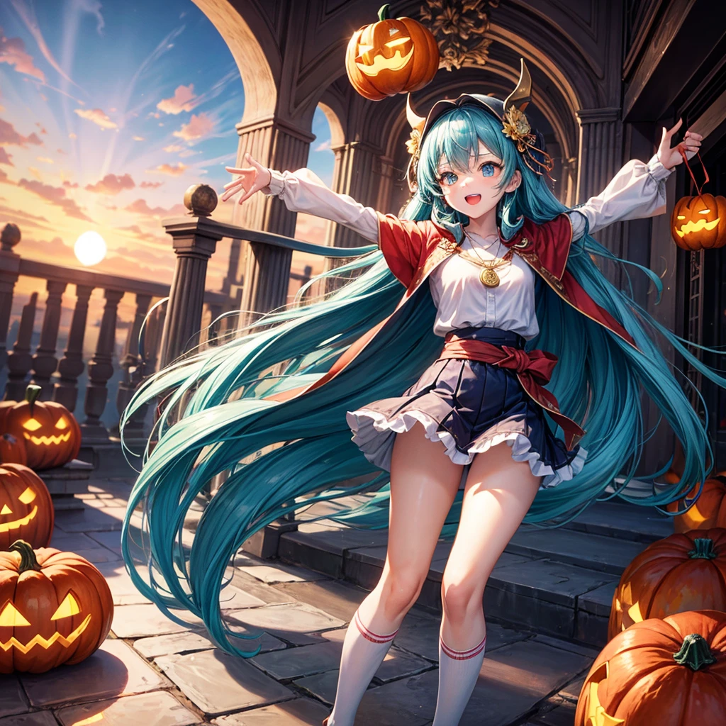 Aqua blue hair、Golden Eyes、Braid、One good looking girl、solo、anime、Checkered mini skirt、Ruffles on the skirt、Red T-shirt、Cape、Gothic、Black knee-high socks、bandana、Fluffy clothes、Wearing a ribbon、Ribbon on waist、Tilting face、Teeth are visible、Sunset sky、Piercing the clouds、Contrail、lotus leaves、Cumulonimbus、Pillar of Light、Silver coin necklace、A world of light、Spreading his arms for balance、Pumpkin hat、shine、From above、Doors of Hell