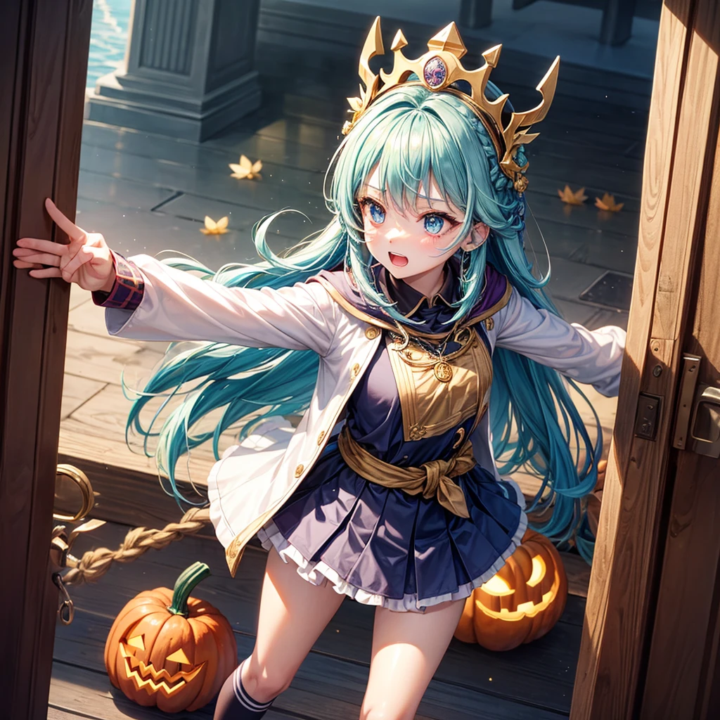 Aqua blue hair、Golden Eyes、Braid、One good looking girl、solo、anime、Checkered mini skirt、Ruffles on the skirt、Red T-shirt、Cape、Gothic、Black knee-high socks、bandana、Fluffy clothes、Wearing a ribbon、Ribbon on waist、Tilting face、Teeth are visible、Sunset sky、Piercing the clouds、Contrail、lotus leaves、Cumulonimbus、Pillar of Light、Silver coin necklace、A world of light、Spreading his arms for balance、Pumpkin hat、shine、From above、Doors of Hell