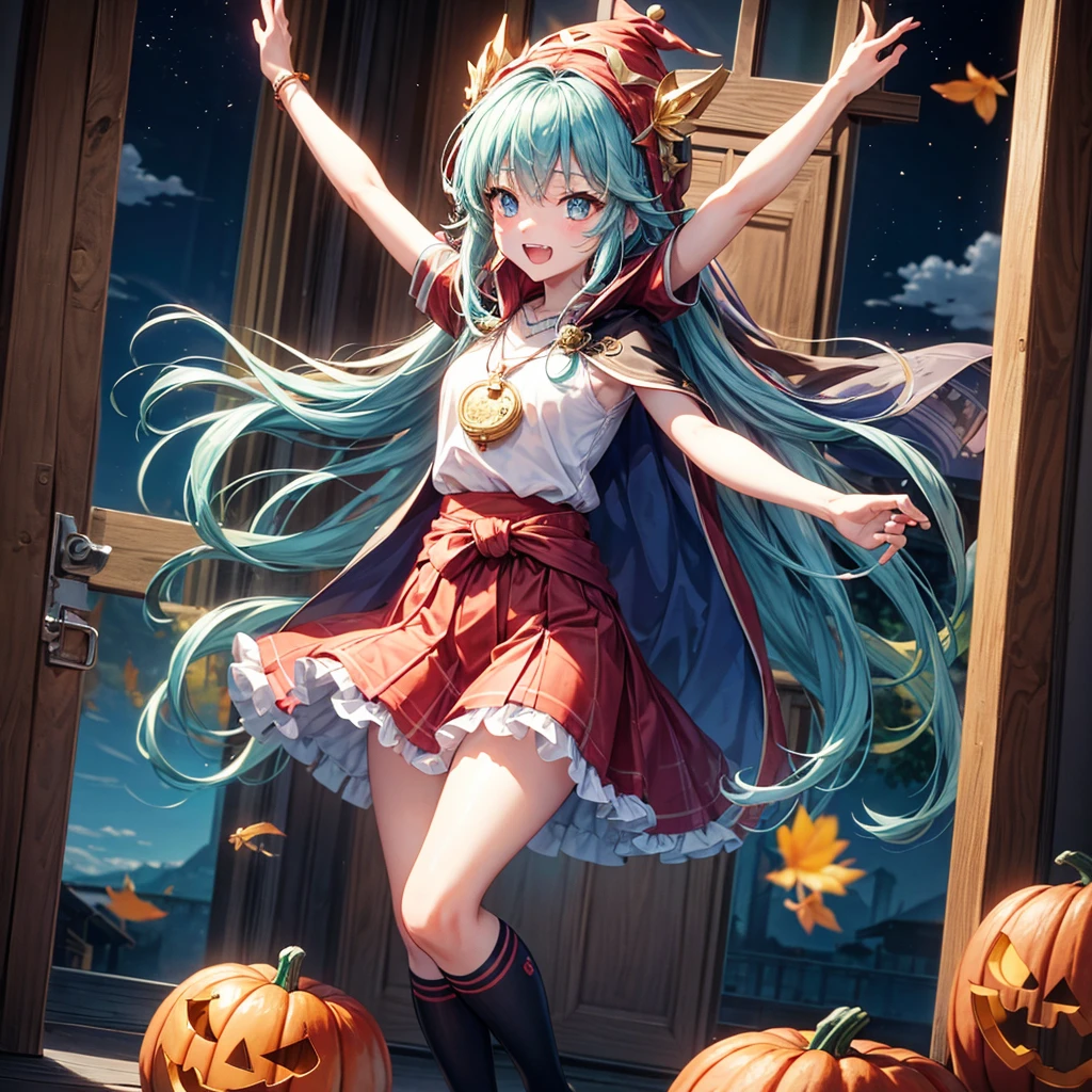 Aqua blue hair、Golden Eyes、Braid、One good looking girl、solo、anime、Checkered mini skirt、Ruffles on the skirt、Red T-shirt、Cape、Gothic、Black knee-high socks、bandana、Fluffy clothes、Wearing a ribbon、Ribbon on waist、Tilting face、Teeth are visible、Sunset sky、Piercing the clouds、Contrail、lotus leaves、Cumulonimbus、Pillar of Light、Silver coin necklace、A world of light、Spreading his arms for balance、Pumpkin hat、shine、From above、Doors of Hell