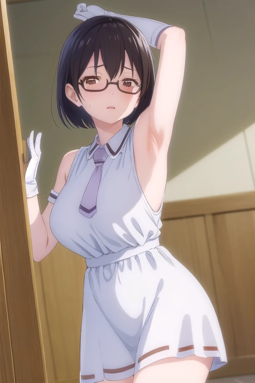 kasuminomura, kasumi nomura, short hair, black hair, glasses, semi-rimless eyewear, (brown eyes:1.5),
BREAK dress, , necktie, belt,
BREAK indoors, classroom,
BREAK looking at viewer, (cowboy shot:1.5),
BREAK (masterpiece:1.2), best quality, high resolution, unity 8k wallpaper, (illustration:0.8), (beautiful detailed eyes:1.6), extremely detailed face, perfect lighting, extremely detailed CG, (perfect hands, perfect anatomy),No sleeve,(Armpit:0.9),(Plump:1.2),Too thick thighs,Big Ass,Big Breasts,(Flabby belly:1.1),(ArmpitSweat:1.2),(赤らんだArmpit:1.1),ArmpitSweat,Sweat,Squat,Spread your legs wide,(Peeing:1.2),(sperm 1.5),Too big nipples,Tight,(Long Tongue:0.8),saliva,Covered in juice,The viewer looks up from below,pubic hair,Taunt,Estrus,Hot body,vapor,blush,orgasm face,Opera gloves and knee socks,