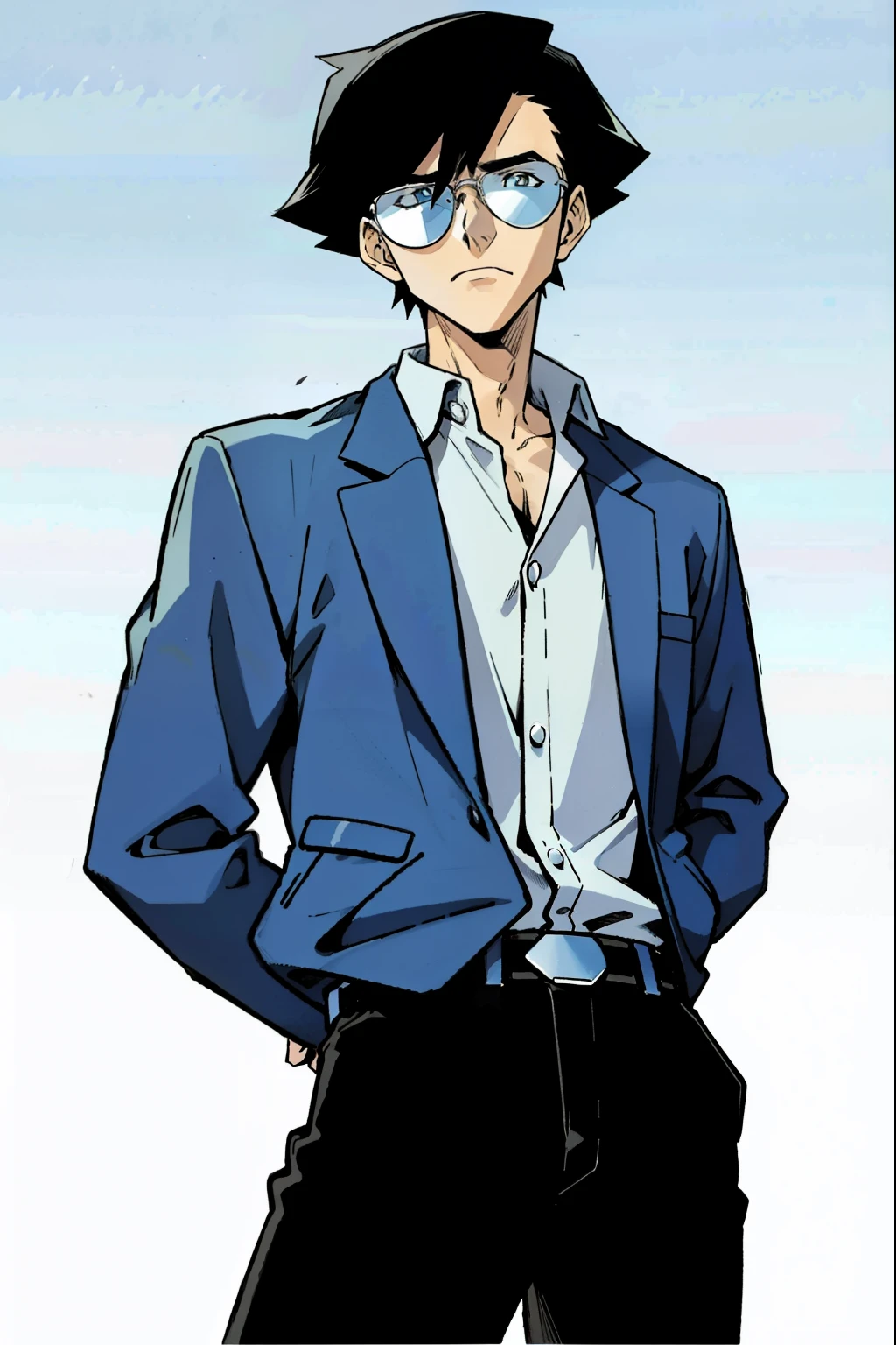 by Ken Sugimori, sugimori 1990s, ((only 1man)), writer, blue collared shirt, sunglasses, tired ((hands behind their back)), full black pupils, manga, best quality, highly detailed, clean lines, cowboy shot, good hands, good eyes, hd, 8k, professional, symmetrical, hires, 8k,