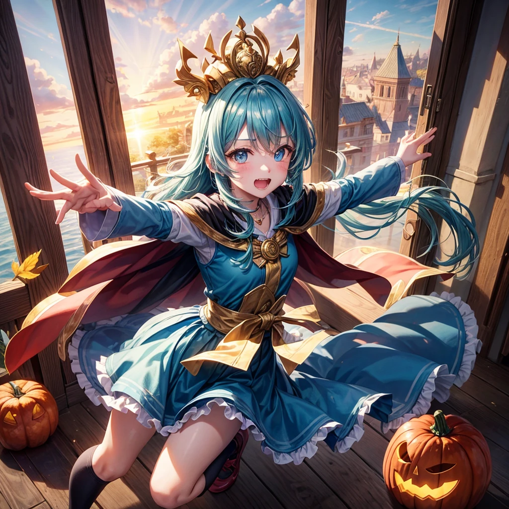 Aqua blue hair、Golden Eyes、Braid、One good looking girl、solo、anime、Checkered mini skirt、Ruffles on the skirt、Red T-shirt、Cape、Gothic、Black knee-high socks、bandana、Fluffy clothes、Wearing a ribbon、Ribbon on waist、Tilting face、Teeth are visible、Sunset sky、Piercing the clouds、Contrail、lotus leaves、Cumulonimbus、Pillar of Light、Silver coin necklace、A world of light、Spreading his arms for balance、Pumpkin hat、shine、From above、Doors of Hell