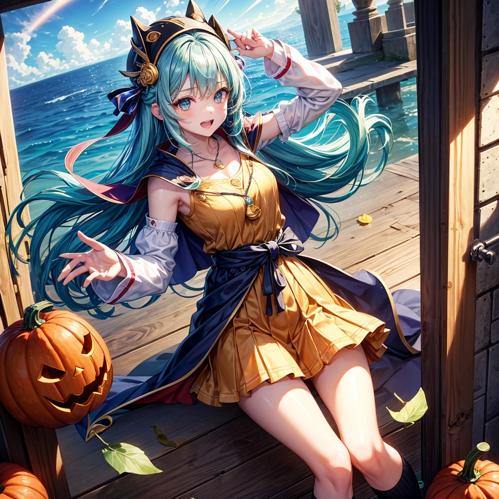Aqua blue hair、Golden Eyes、Braid、One good looking girl、solo、anime、Checkered mini skirt、Ruffles on the skirt、Red T-shirt、Cape、Gothic、Black knee-high socks、bandana、Fluffy clothes、Wearing a ribbon、Ribbon on waist、Tilting face、Teeth are visible、Sunset sky、Piercing the clouds、Contrail、lotus leaves、Cumulonimbus、Pillar of Light、Silver coin necklace、A world of light、Spreading his arms for balance、Pumpkin hat、shine、From above、Doors of Hell